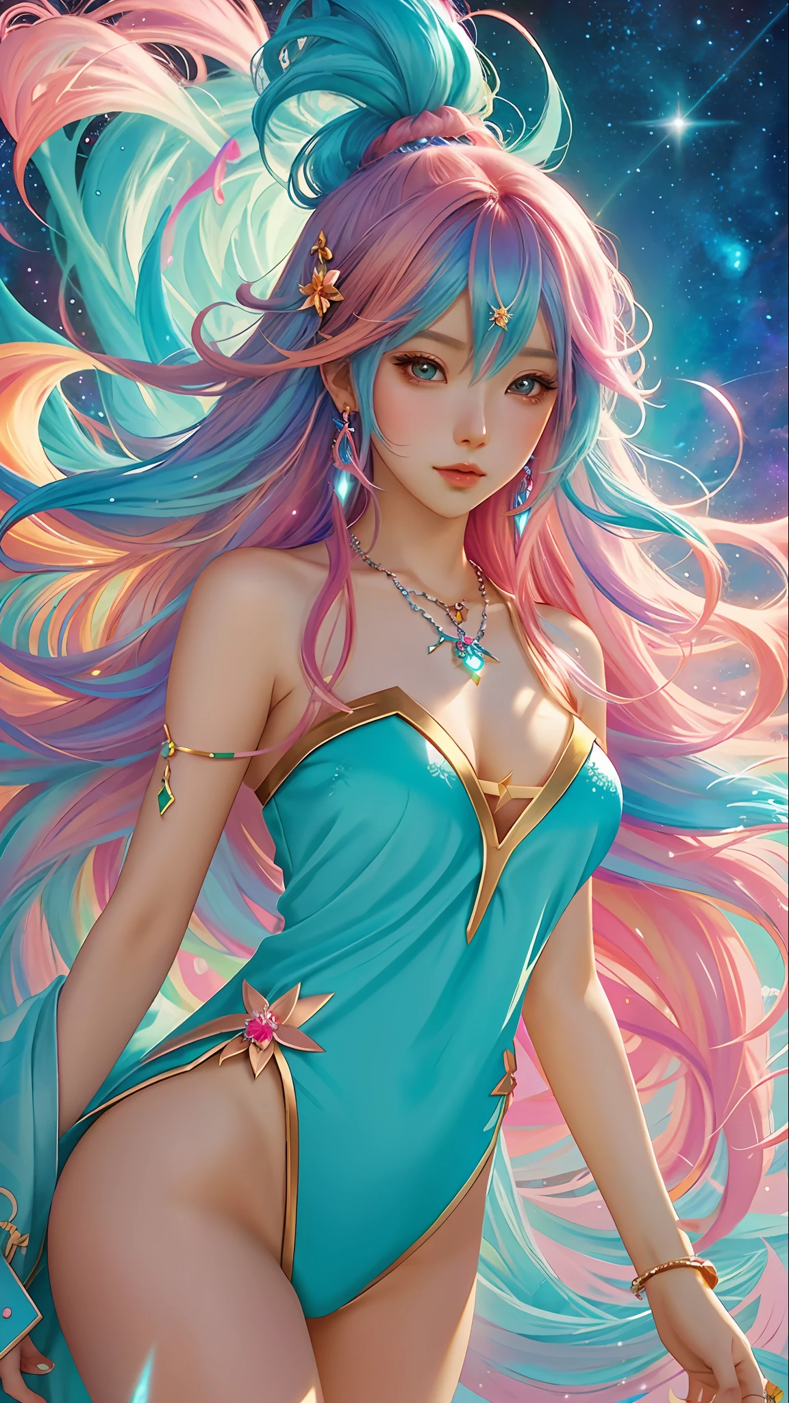 Close-up of a woman with colorful hair and necklace, anime girl with cosmic hair, Rossdraws' soft vibrancy, Guvez style artwork, fantasy art style, colorful]", vibrant fantasy style, Rossdraws cartoon full of vitality, cosmic and colorful, Guweiz, colorful digital fantasy art, stunning art style, beautiful anime style, white skin, perfect body,