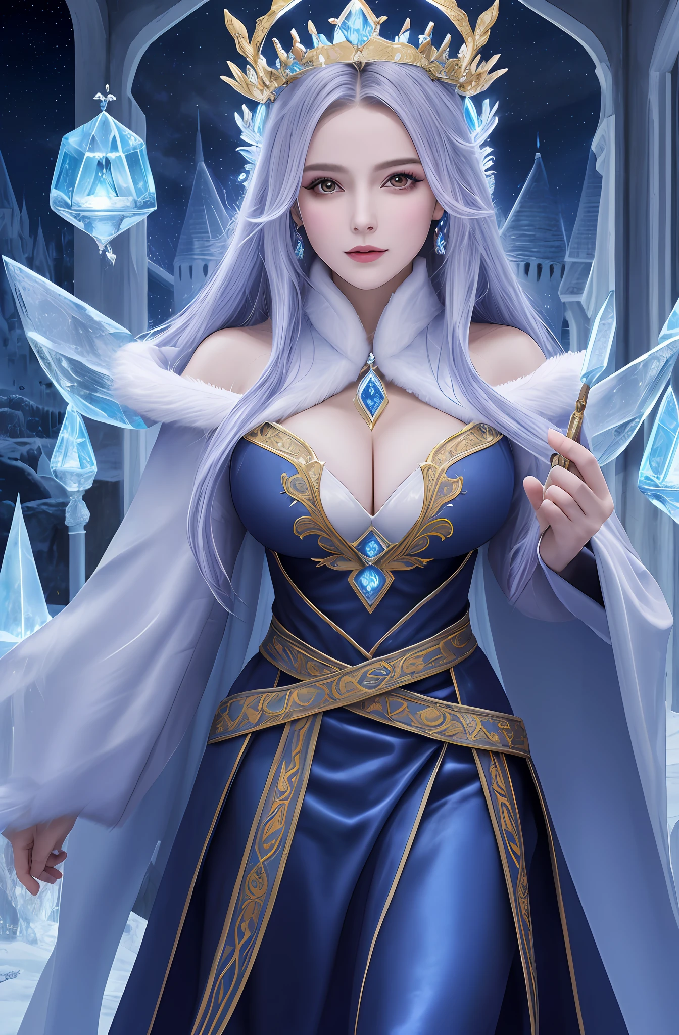 (16k, masterpiece, best quality), ultra-detailed, high quality, high resolution, mage wearing robe, mage, spell, perfect face, perfect body, big breast, perfect face, ((nighttime)), casting spell, ice spell, indoor, ice castle background, winter, looking into the distance