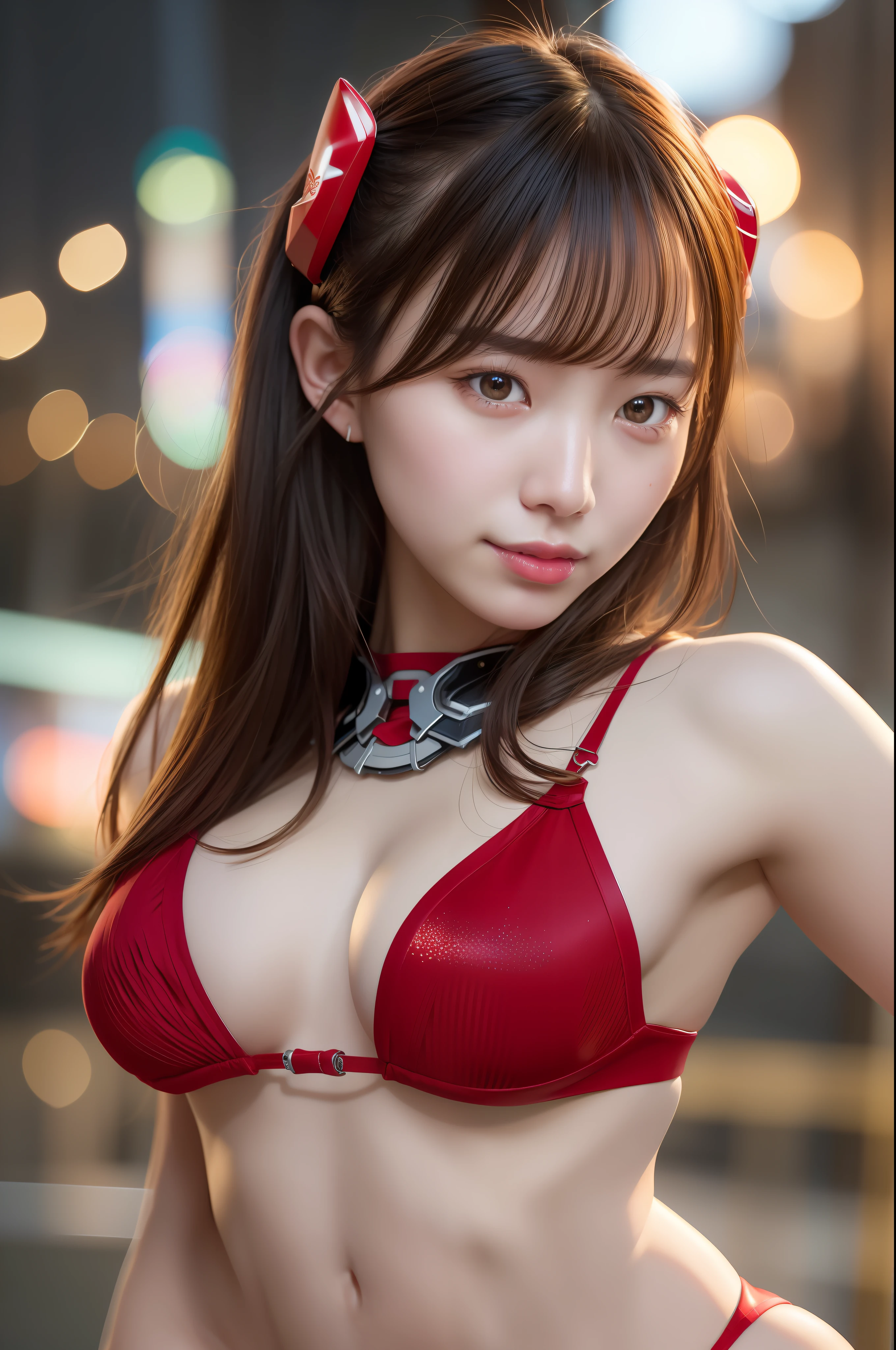 masterpiece, top quality, 4k, 8k, ultra high resolution, realistic, light smile, (photorealistic, RAW photo, sharp focus: 1.4), highly detailed, detailed face, detailed background, beautiful  Japan woman, futuristic amusement park background at night, neon lighting, futuristic mechanical spacesuit, fighting pose, full body, sideways, cute pose, red bikini, 8k uhd,raw photo,a japanese girl,, masterwork,RAW photo,real person,RAW photograph,ultra high res,photorealistic,best quality,(high detailed skin,skin details),visible pores,shiny skin, masterpiece,incredibly_absurdres,finely detail,colorized, an extremely delicate and beautiful,extremely detailed 8K wallpaper,8k high quality,