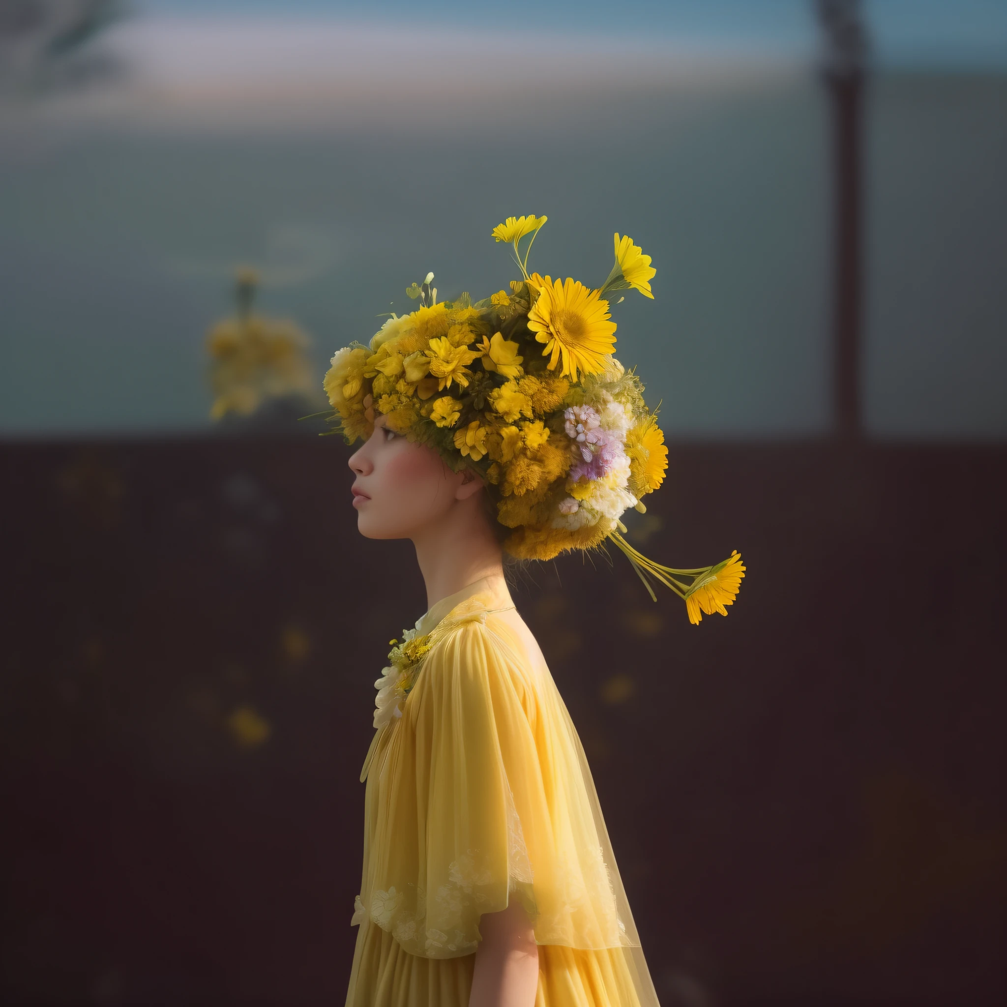 there is a woman with a bunch of yellow flowers on her head, flowers growing out of its head, flower head, there are birds on her head, with yellow flowers around it, portrait featured on unsplash, trending on vsco, yellow aura, moment cinebloom filter, surreal portrait photography, frank moth, surrealism aesthetic, surreal black and yellow, surreal photography, monia merlo