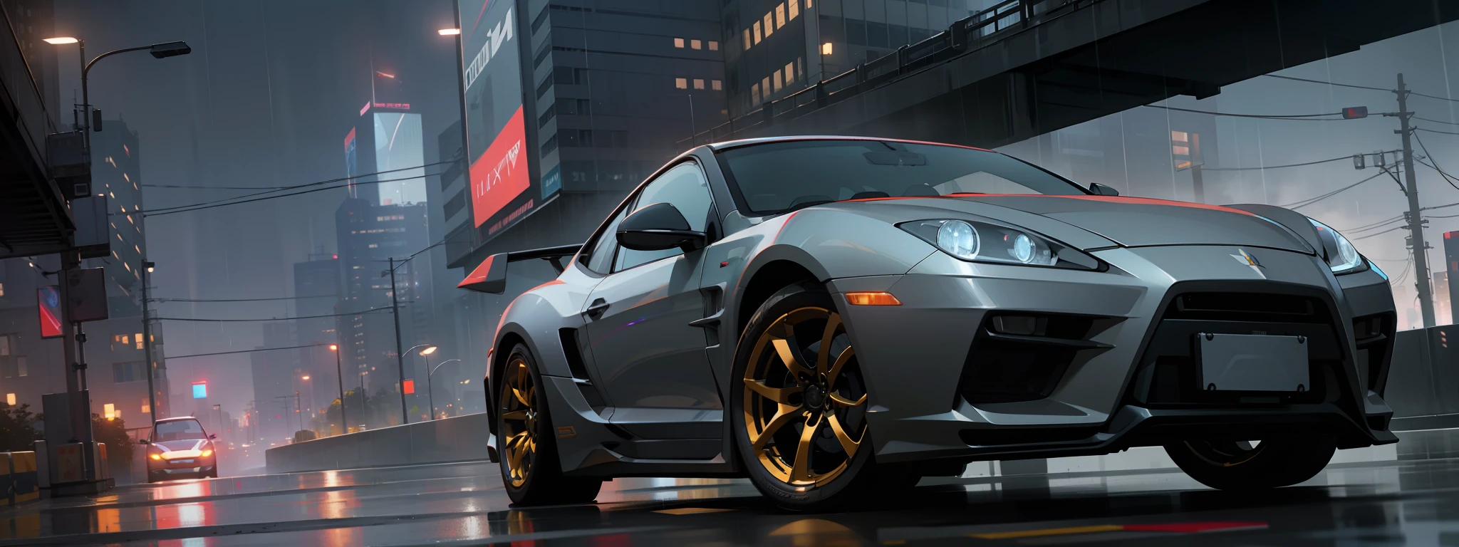 Cyberpunk style, dark night, city highway, car driving at high speed, empty around, black sky, strong environmental contrast, fast car speeding in traffic, rain, rendering in Lumion Pro, ultra-realistic rendering, ultra-realistic rendering, realistic car, ultra-realistic rendering, rendering in RTX, ultra-realistic detail rendering, 8k octane Unreal rendering, [4K photorealism], ultra-realistic rendering, rendering at Unreal Engine 4K headquarters, real reflections, realistic materials, obvious body reflections.