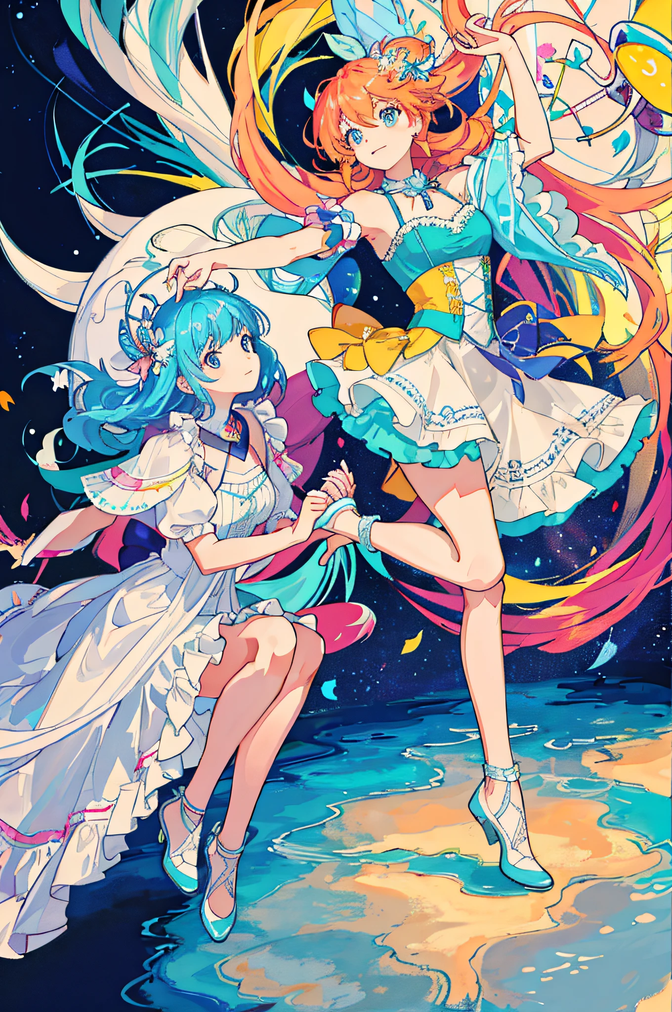 masterpiece, best quality, delicate, beautiful, colorful, vividcolor, lighting, cute, two girl,