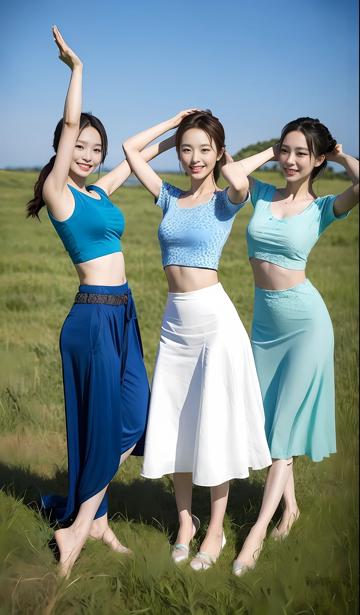 3 Korean women dancing on the grassland, (masterpiece, beautiful people, polluted smile), virtual YouTube, but their eyes are firm and hopeful, behind them is blue sky, ponytail, detailed skin texture, detailed cloth texture, exquisite and detailed face, masterpiece, slender waist, slim body, the camera is shot from a distance