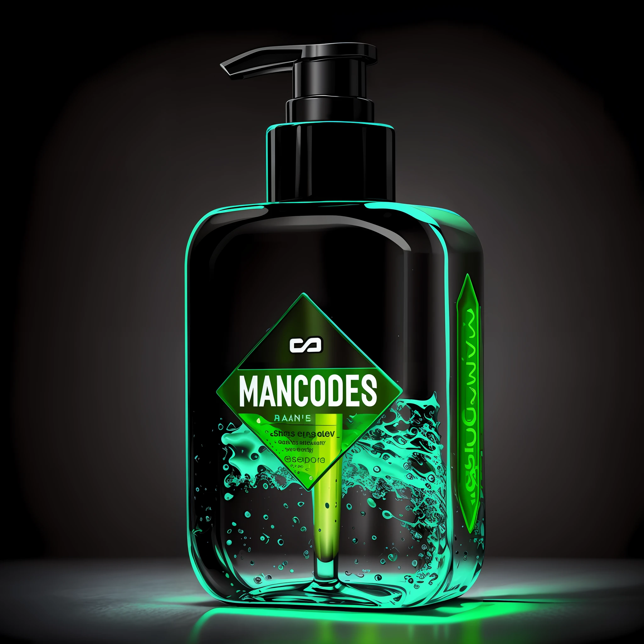 a bottle of mancodes hand wash with a green liquid, man, mandables, hair gel combed backwards, handsome, a man, manliness, by Alexander Mann, black main color, mann, dmt water, mana, man?, # oc, #oc, manmade, by Anson Maddocks, dim colors, made of glowing oil