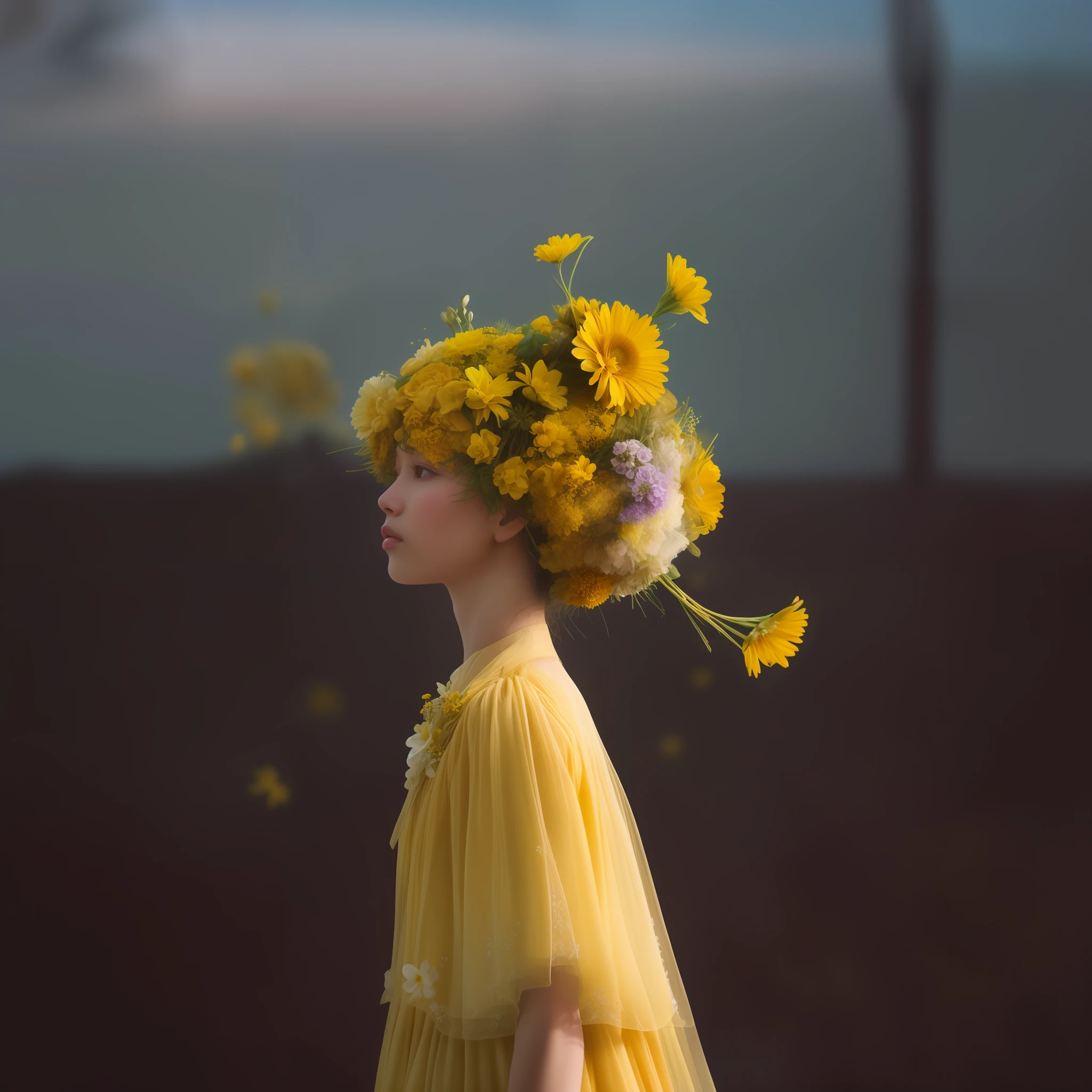 there is a woman with a bunch of yellow flowers on her head, flowers growing out of its head, flower head, there are birds on her head, with yellow flowers around it, portrait featured on unsplash, trending on vsco, yellow aura, moment cinebloom filter, surreal portrait photography, frank moth, surrealism aesthetic, surreal black and yellow, surreal photography, monia merlo