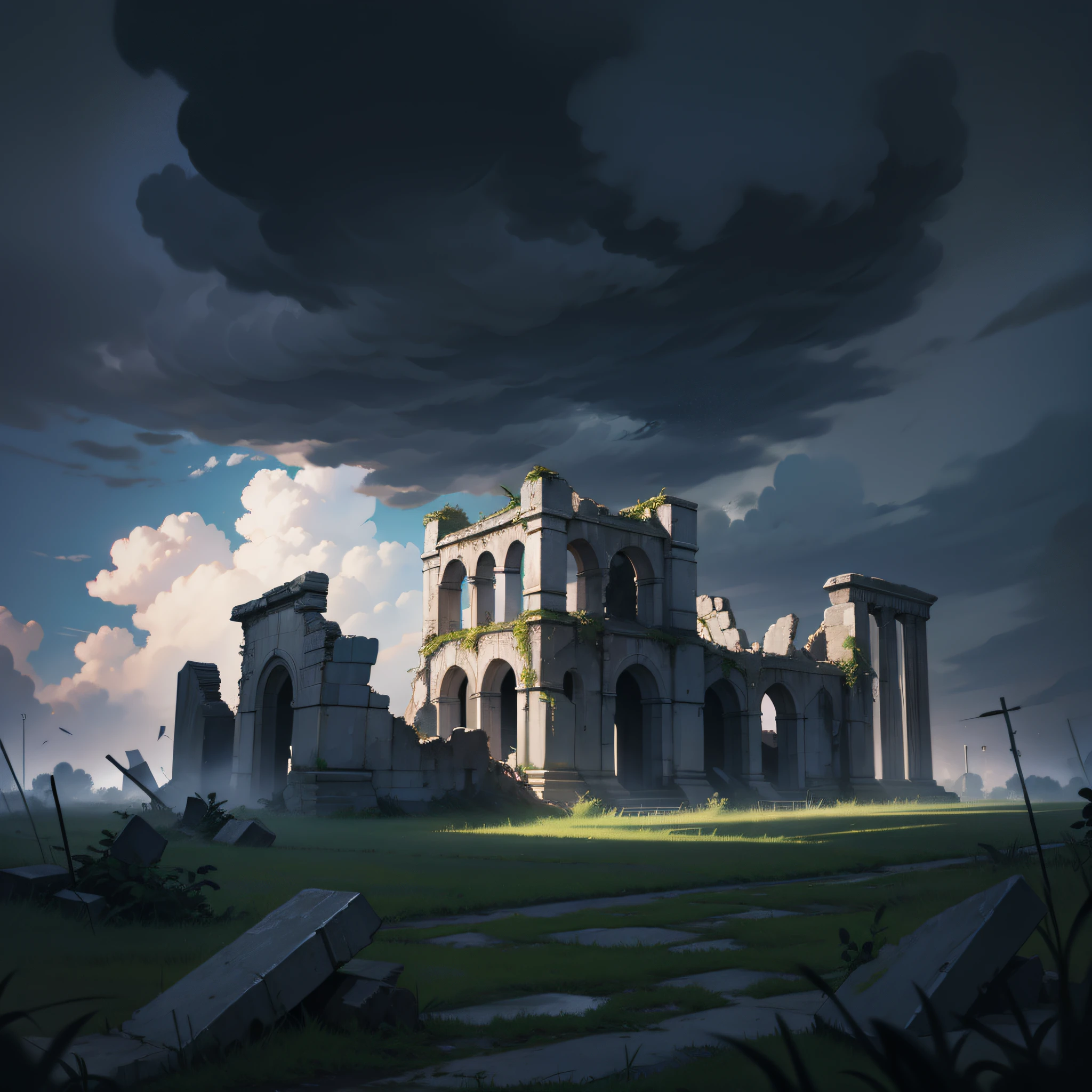 Broadcast, ruins scene, daytime, dark clouds, ruins background