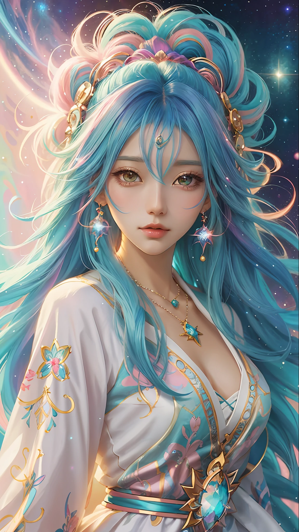 Close-up of a woman with colorful hair and necklace, anime girl with cosmic hair, soft vitality of Rossdraws, artwork in Guvez style, fantasy art style, colorful]", vibrant fantasy style, Rossdraws cartoon full of vitality, cosmic and colorful, Guweiz, colorful digital fantasy art, stunning art style, beautiful anime style, white skin, model,