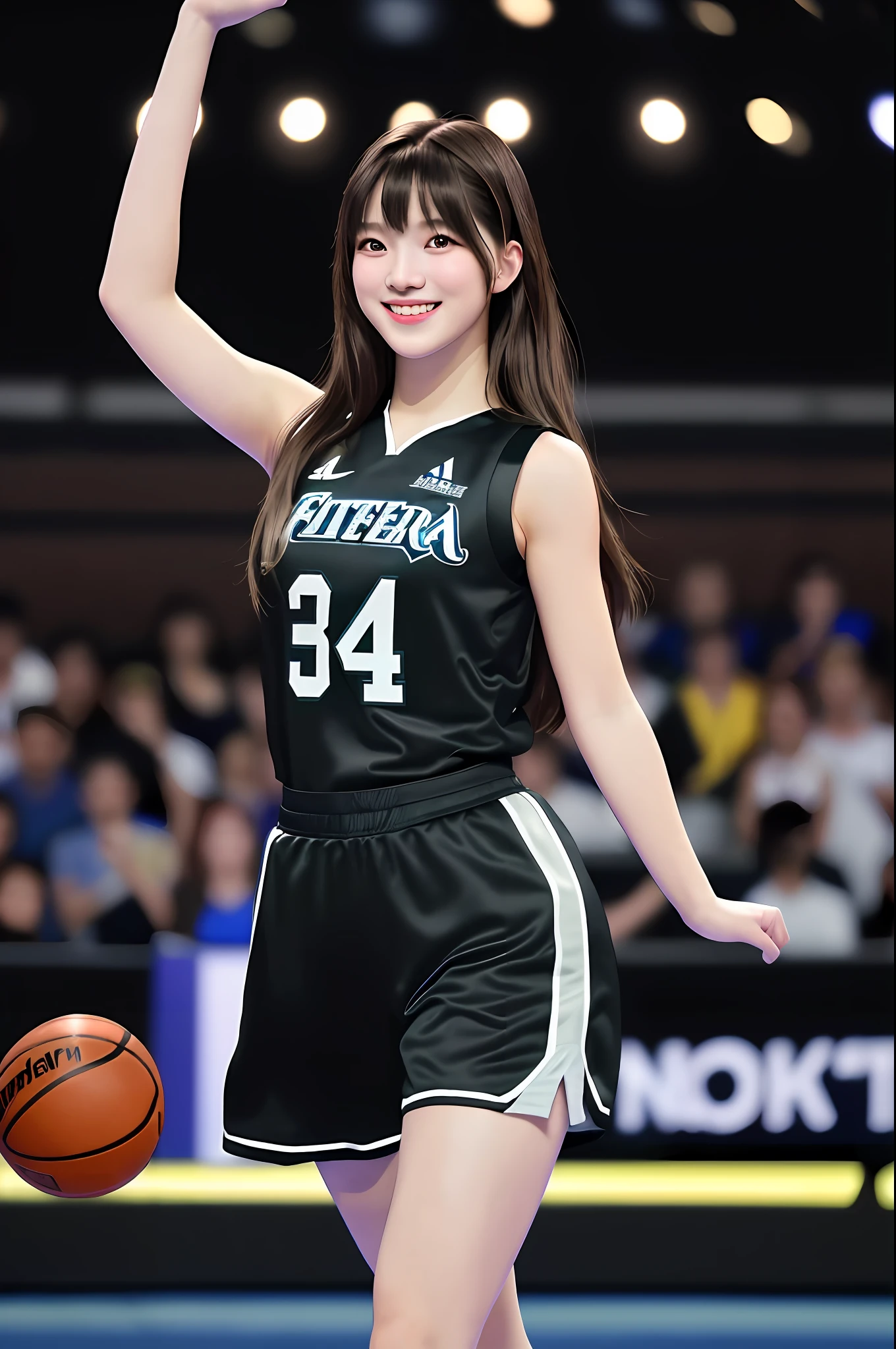Best Quality, Masterpiece, Ultra High Resolution, (Film Grain: 1.4), Digital Photography, Bangs, Film Lighting, (Fujifilm Color: 1.2),
1 girl, solo, facing the audience, dancing, smiling, black basketball jersey, basketball baby, full body, looking at the audience, basketball hall background (realistic: 1.2)