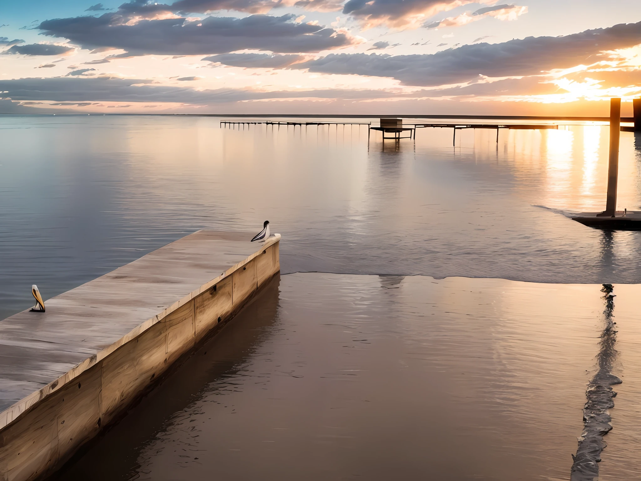 Pelican standing on the jetty, beautiful clear water