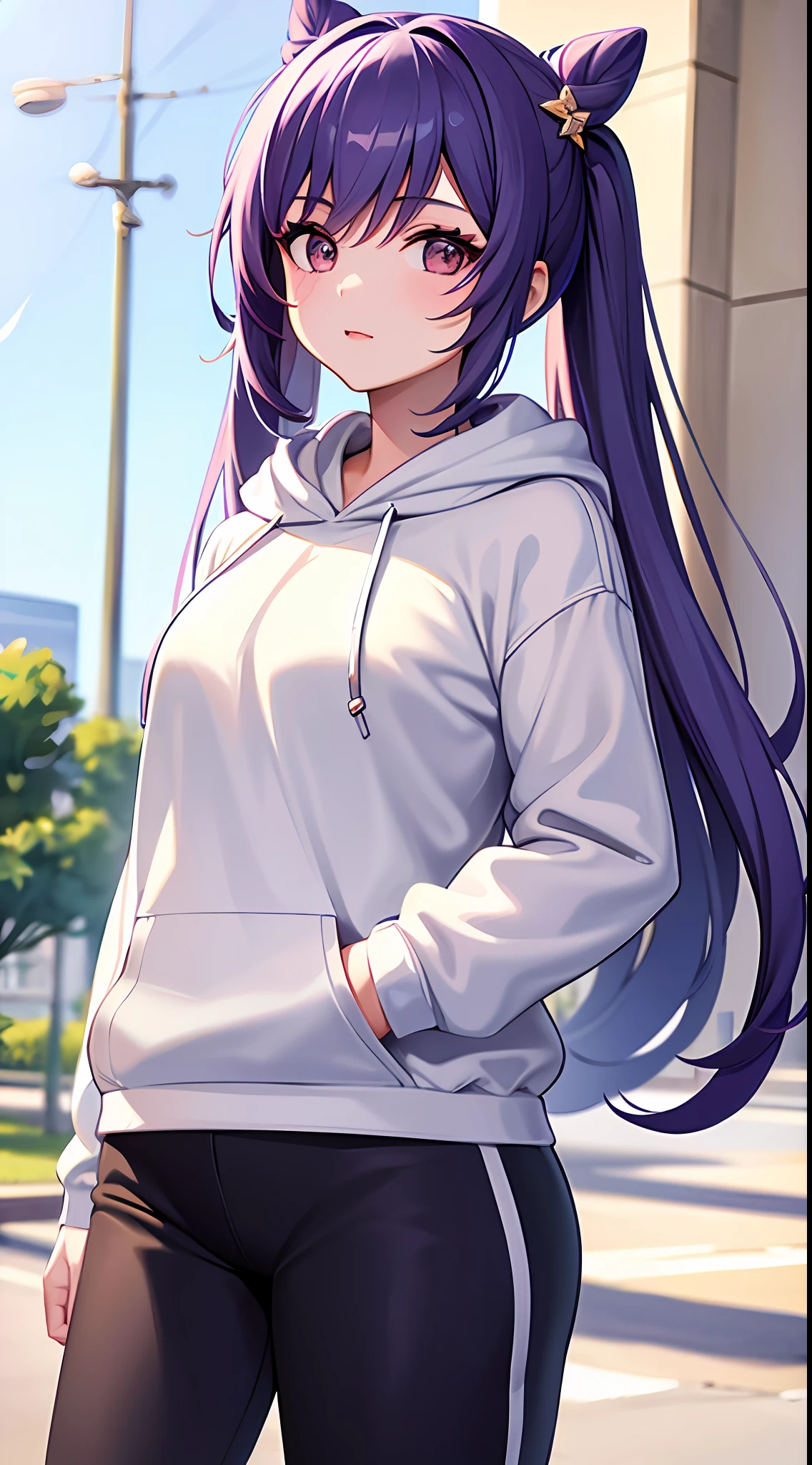 1girl, masterpiece, best quality, medium close-up, ((hoodie, track pants)), street