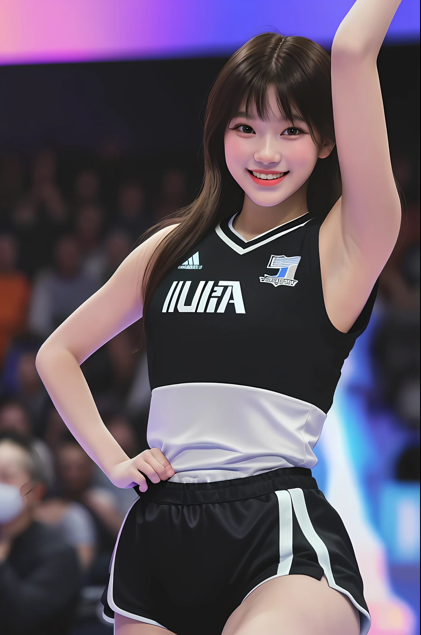 Best Quality, Masterpiece, Ultra High Resolution, (Film Grain: 1.4), Digital Photography, Bangs, Film Lighting, (Fujifilm Color: 1.2),
1 girl, solo, facing the audience, dancing, smiling, black basketball jersey, basketball baby, full body, looking at the audience, basketball hall background (realistic: 1.2)