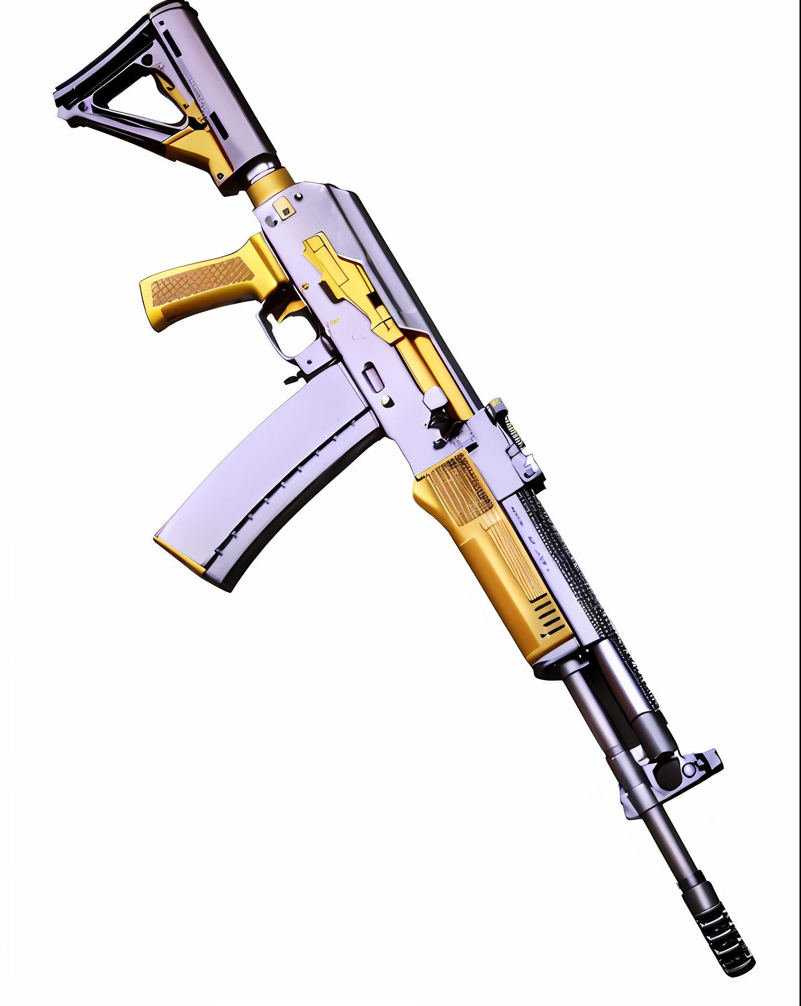 a close up of a toy gun with a yellow and white stripe, ak 1 2, assault rifle, corner assault rifle, ak45, cinematic —ar 16:9, realistic weapon, cinematic shot ar 9:16 -n 6 -g, octane render -ar 16:9 h 1024