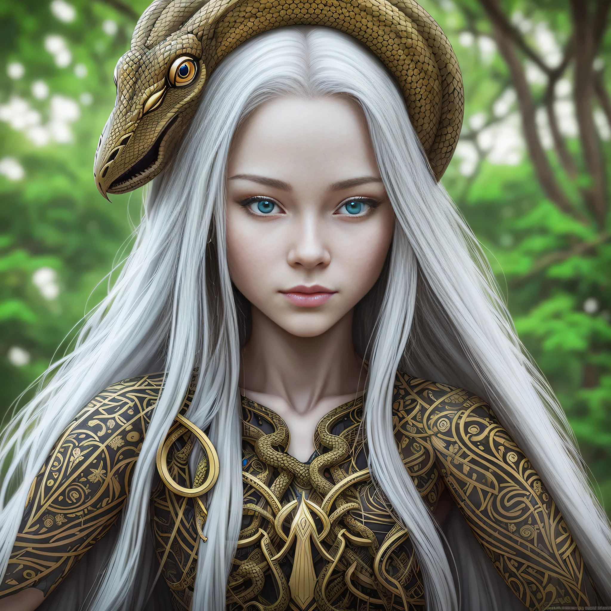 BEAUTIFULLY beautiful ALBINOS GIRL with long hair in the RAPUNCEL style on the backdrop of a LIVING EDEM GARDEN on a background of a tree and a serpent MURDERER Portrait, Artstation, Intricate, Fantasy, Detailed, 4k, Beautiful, Vibrant, Photograph, Photorealistic, Cinematic, 8k