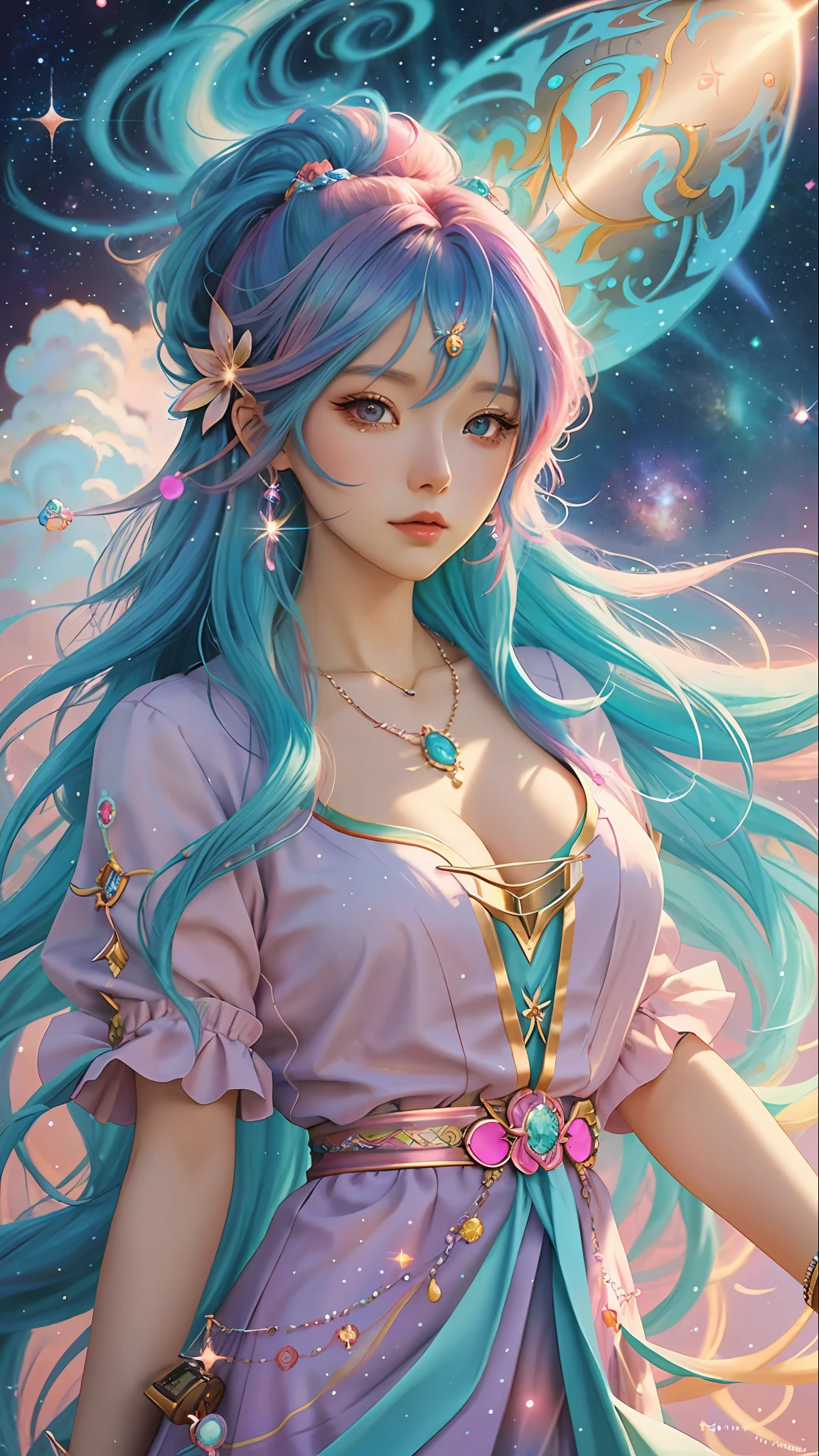 Close-up of a woman with colorful hair and necklace, anime girl with cosmic hair, soft vitality of Rossdraws, artwork in Guvez style, fantasy art style, colorful]", vibrant fantasy style, Rossdraws cartoon full of vitality, cosmic and colorful, Guweiz, colorful digital fantasy art, stunning art style, beautiful anime style, white skin, flight attendant,