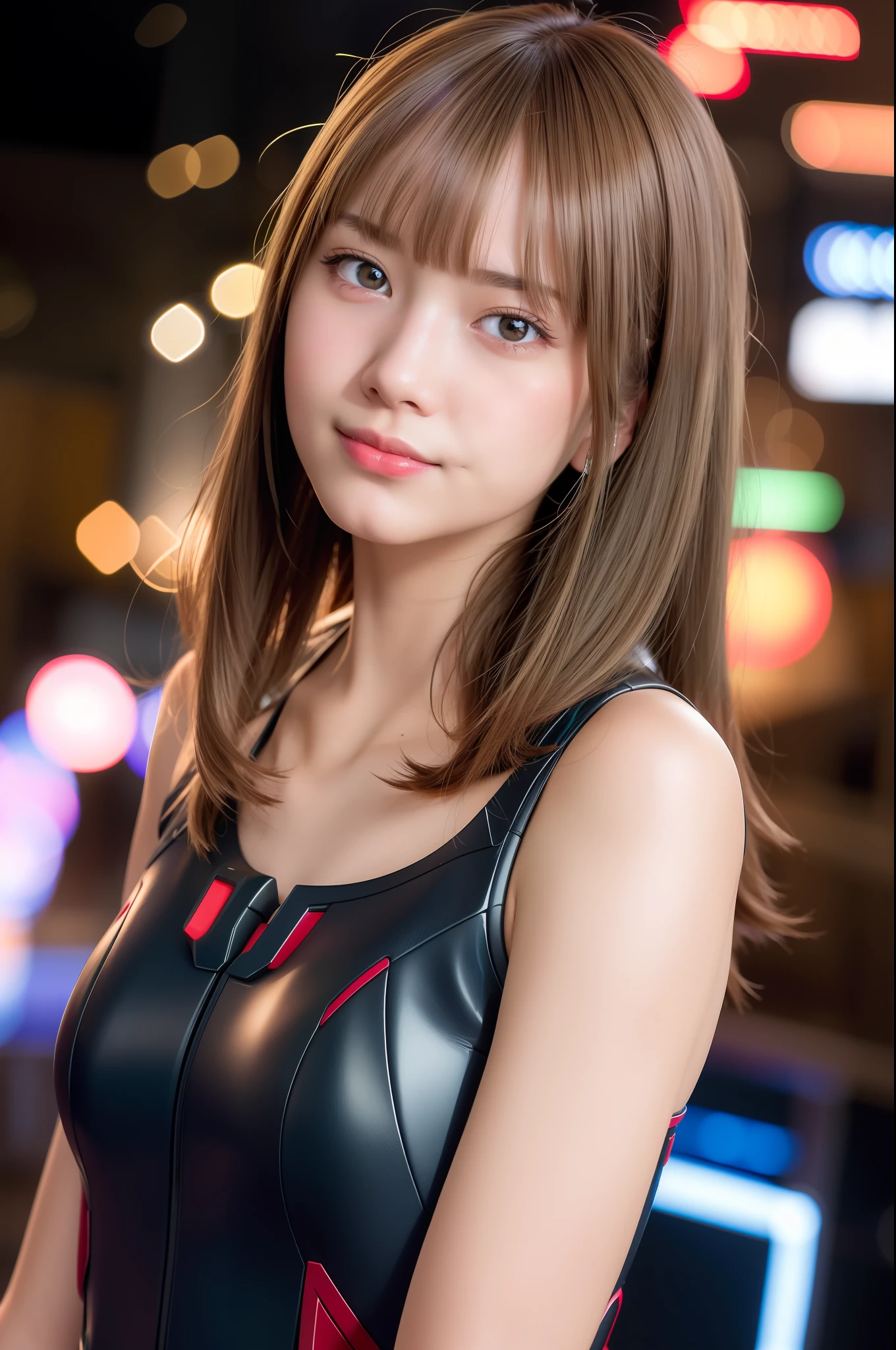 masterpiece, top quality, 4k, 8k, ultra high resolution, realistic, light smile, (photorealistic, RAW photo, sharp focus: 1.4), highly detailed, detailed face, detailed background, beautiful 16 year old Japan woman, futuristic amusement park background at night, neon lighting, futuristic mechanical spacesuit, fighting pose, full body, sideways, cute pose, red bikini, 8k uhd,raw photo,a japanese girl,, masterwork,RAW photo,real person,RAW photograph,ultra high res,photorealistic,best quality,(high detailed skin,skin details),visible pores,shiny skin, masterpiece,incredibly_absurdres,finely detail,colorized, an extremely delicate and beautiful,extremely detailed 8K wallpaper,8k high quality,