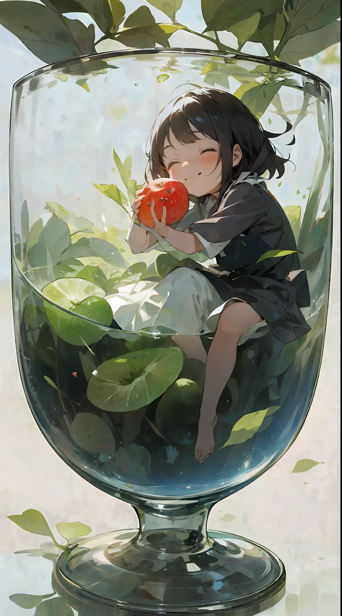 A  sits in a glass, happily tasting fruit,