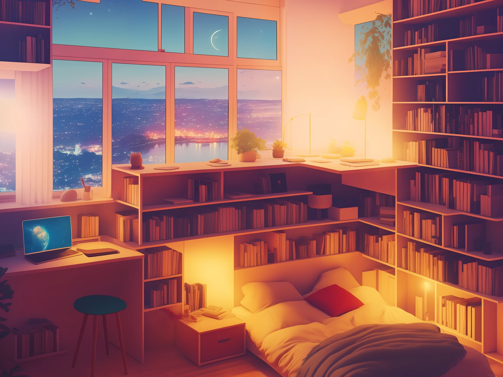 hestyle bedroom at night, colorful night, desk with study books