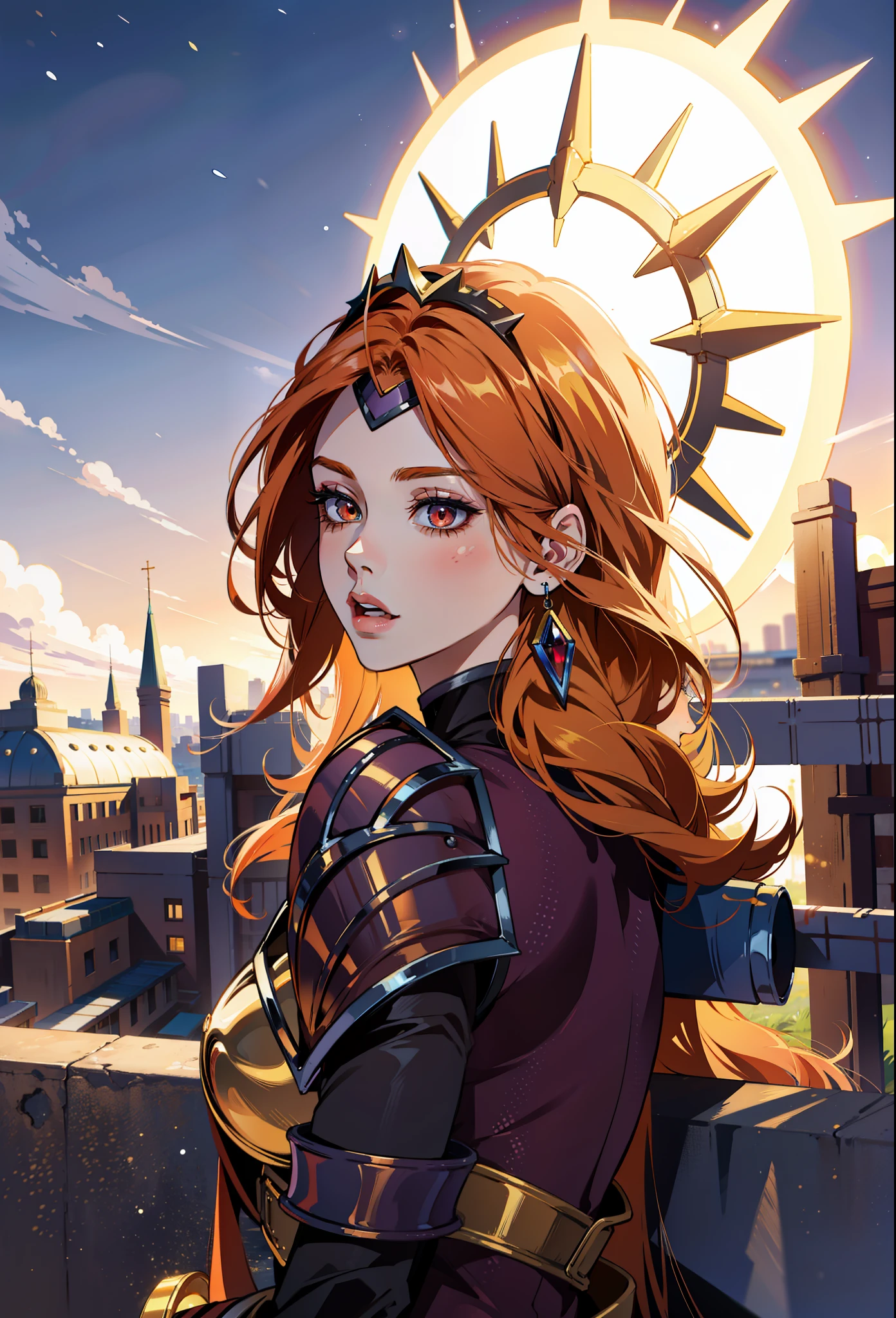 (masterpiece),(best quality:1.0), (ultra highres:1.0), detailed illustration, 8k, anime, 1girl, Leona1, Solar Eclipse Leona, pretty face, detailed face, beautiful eyes, red eyes, detailed eyes, golden orange hair, long hair, multicolored hair, two-toned hair, beautiful hair, highlights in hair, Solar Eclipse background, (league of legends), highly detailed