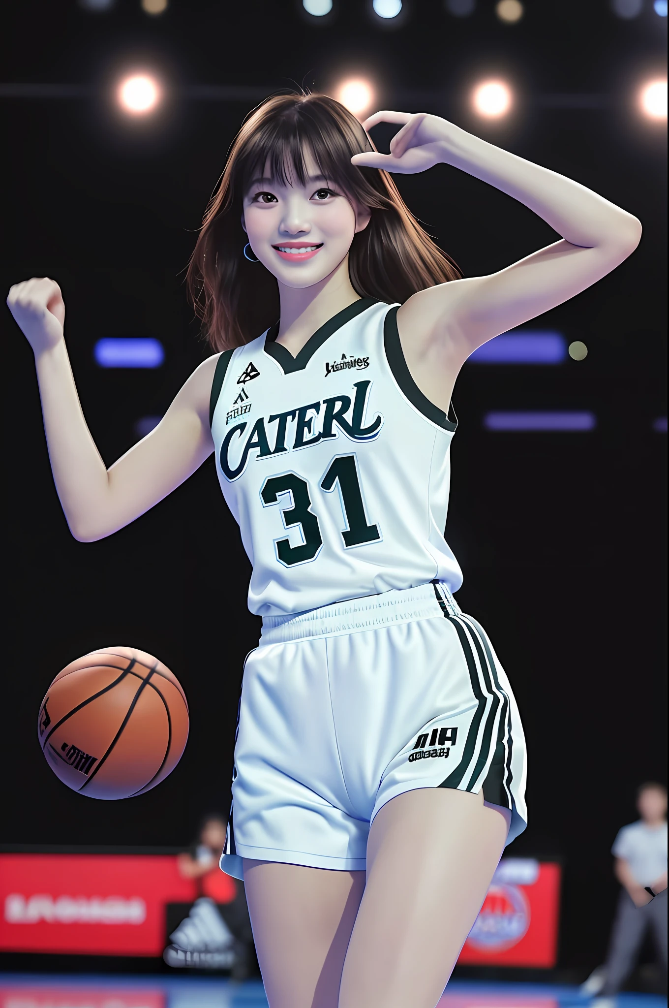 Best Quality, Masterpiece, Ultra High Resolution, (Film Grain: 1.4), Digital Photography, Bangs, Film Lighting, (Fujifilm Color: 1.2),
1 girl, solo, facing the audience, dancing, smiling, black basketball jersey, basketball , full body, looking at the audience, basketball hall background (realistic: 1.2)