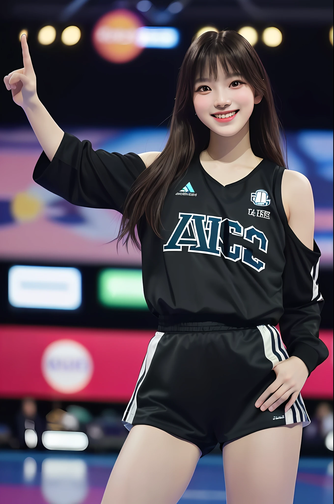 Best Quality, Masterpiece, Ultra High Resolution, (Film Grain: 1.4), Digital Photography, Bangs, Film Lighting, (Fujifilm Color: 1.2),
1 girl, solo, facing the audience, dancing, smiling, black basketball jersey, basketball baby, full body, looking at the audience, basketball hall background (realistic: 1.2)