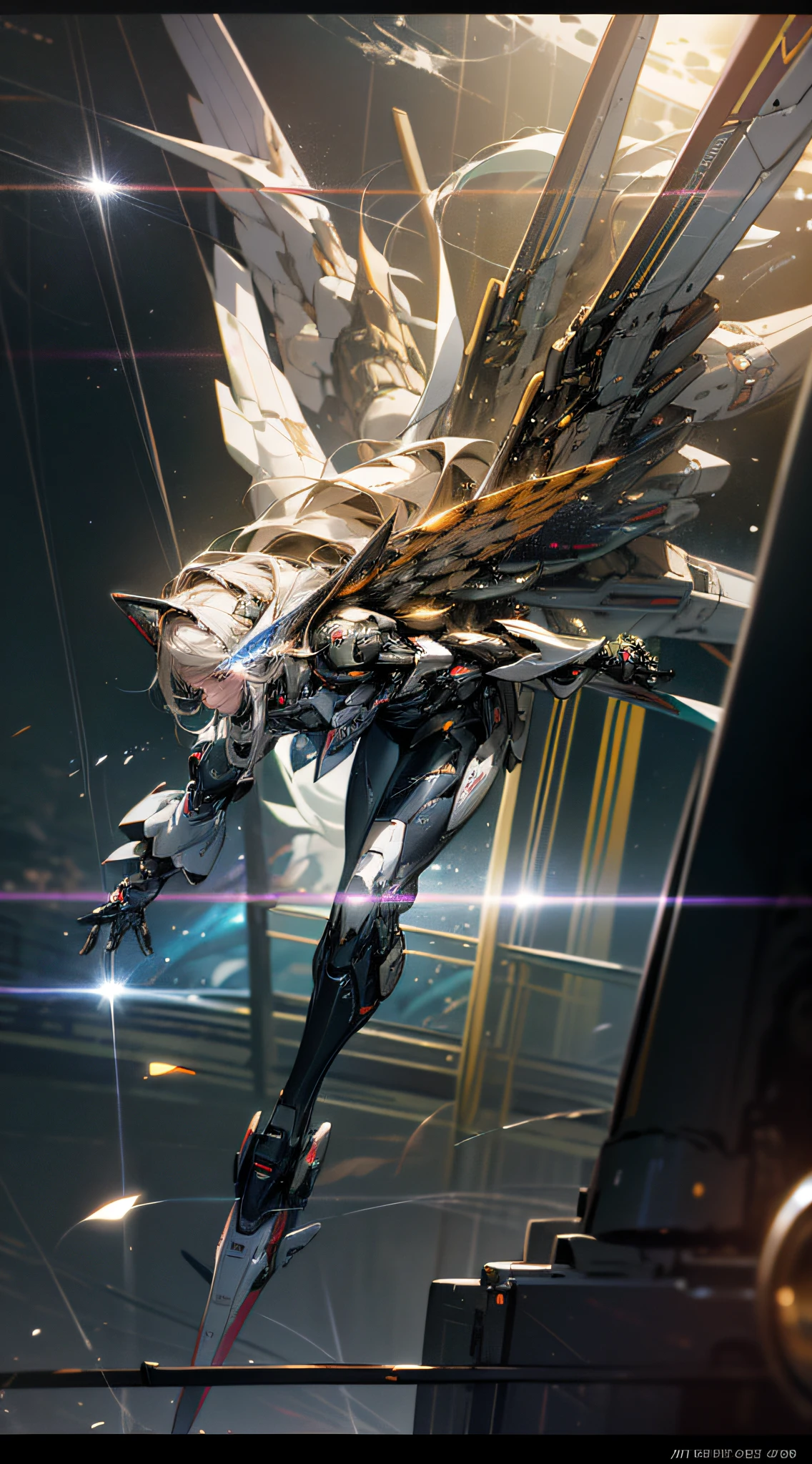 ((Best quality)), ((masterpiece)), (highly detailed:1.3), 3D, Pretty, (cyberpunk:1.2), In Space, Nebula, holding_weapon, (1Female mecha:1.3), facing the audience, golden eyes, long white-blond hair, long silky hair, full body, (flying, diving down, dynamic, Motion Blur: 1.4), (Giant Mech Wings: 1.6), Look Up, glowing_eyes, Mecha, Panorama, Earth, Nebula, Space, Particle, Reality, HDR (High Dynamic Range), Ray Tracing, NVIDIA RTX, Super Resolution, Unreal 5, Subsurface Scattering, PBR Textures, Post-Processing, Anisotropic Filtering, Depth of Field, Maximum Sharpness and Sharpness, Multi-layer Textures, Albedo and Specular Maps, Surface shading, Accurate simulation of light-material interactions, Perfect Proportions, Octane Render, Two-tone illumination, Large aperture, Low ISO, White balance, Rule of Thirds, 8K RAW, High Performance Sub-Pixel, Subpixel Convolution,
