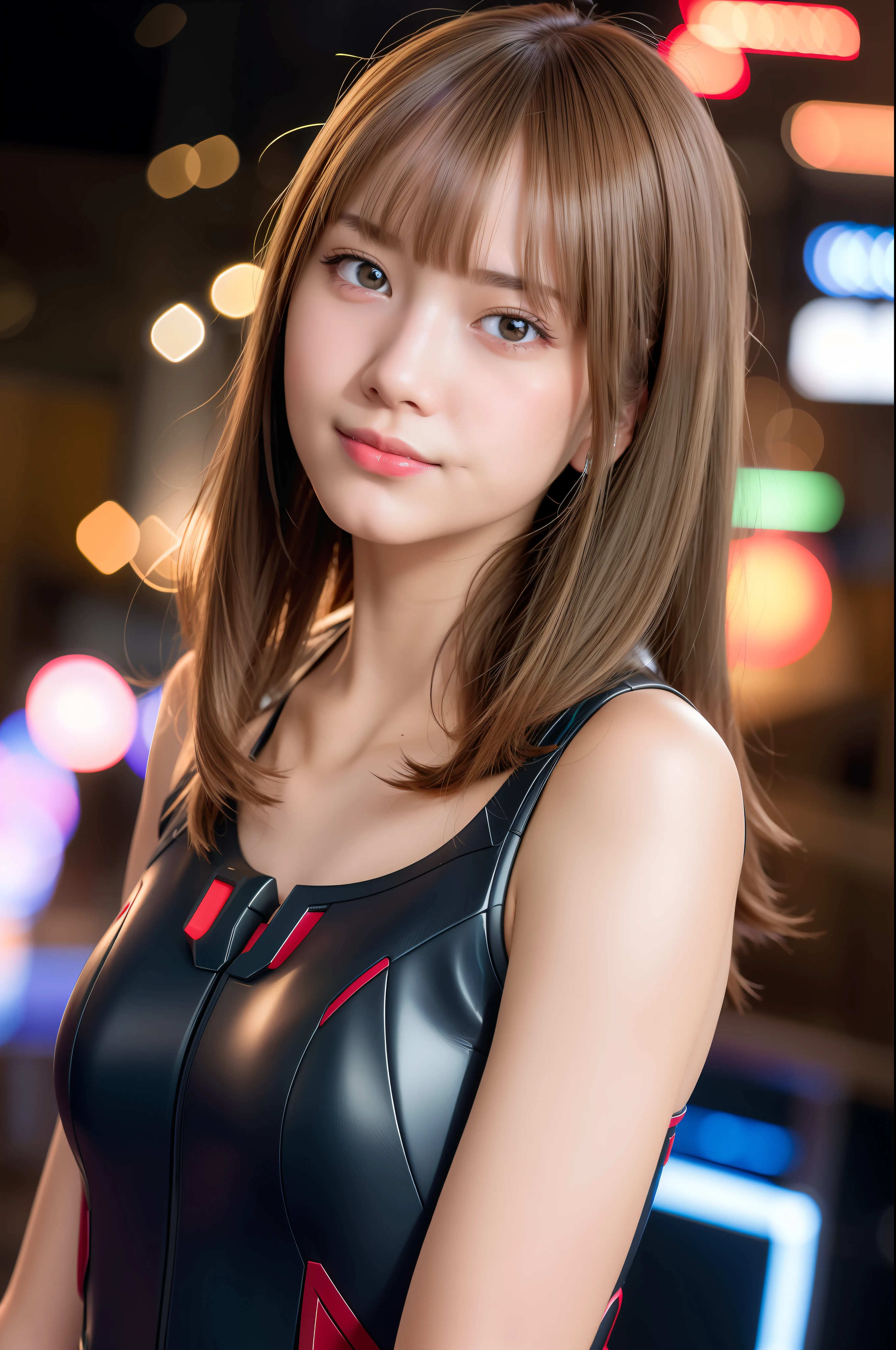 masterpiece, top quality, 4k, 8k, ultra high resolution, realistic, light smile, (photorealistic, RAW photo, sharp focus: 1.4), highly detailed, detailed face, detailed background, beautiful 16 year old Japan woman, futuristic amusement park background at night, neon lighting, futuristic mechanical spacesuit, fighting pose, full body, sideways, cute pose, red bikini, 8k uhd,raw photo,a japanese girl,, masterwork,RAW photo,real person,RAW photograph,ultra high res,photorealistic,best quality,(high detailed skin,skin details),visible pores,shiny skin, masterpiece,incredibly_absurdres,finely detail,colorized, an extremely delicate and beautiful,extremely detailed 8K wallpaper,8k high quality,