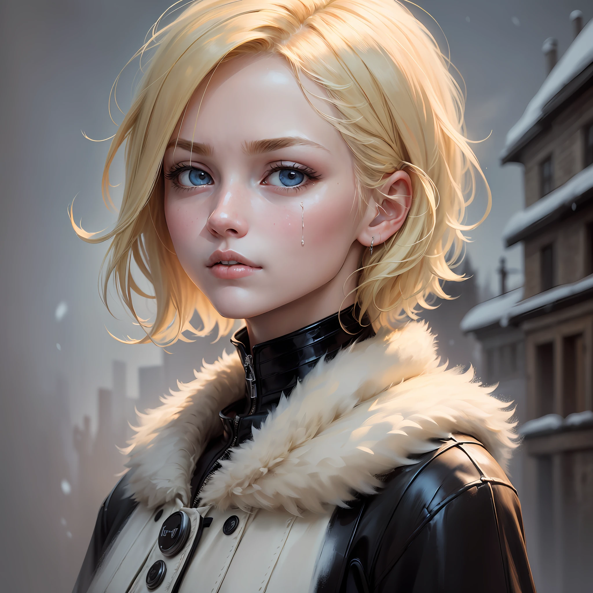 (oil painting, masterpiece, best quality, ultra detailed, focus on character), short blonde hair, eyes pulled,([back:0.8]|[ face facing backwards:1.1]), serious face, ([cold scenario:1.2]|[ snowy background:1.3]| [high contrast:1.1]) --auto --s2