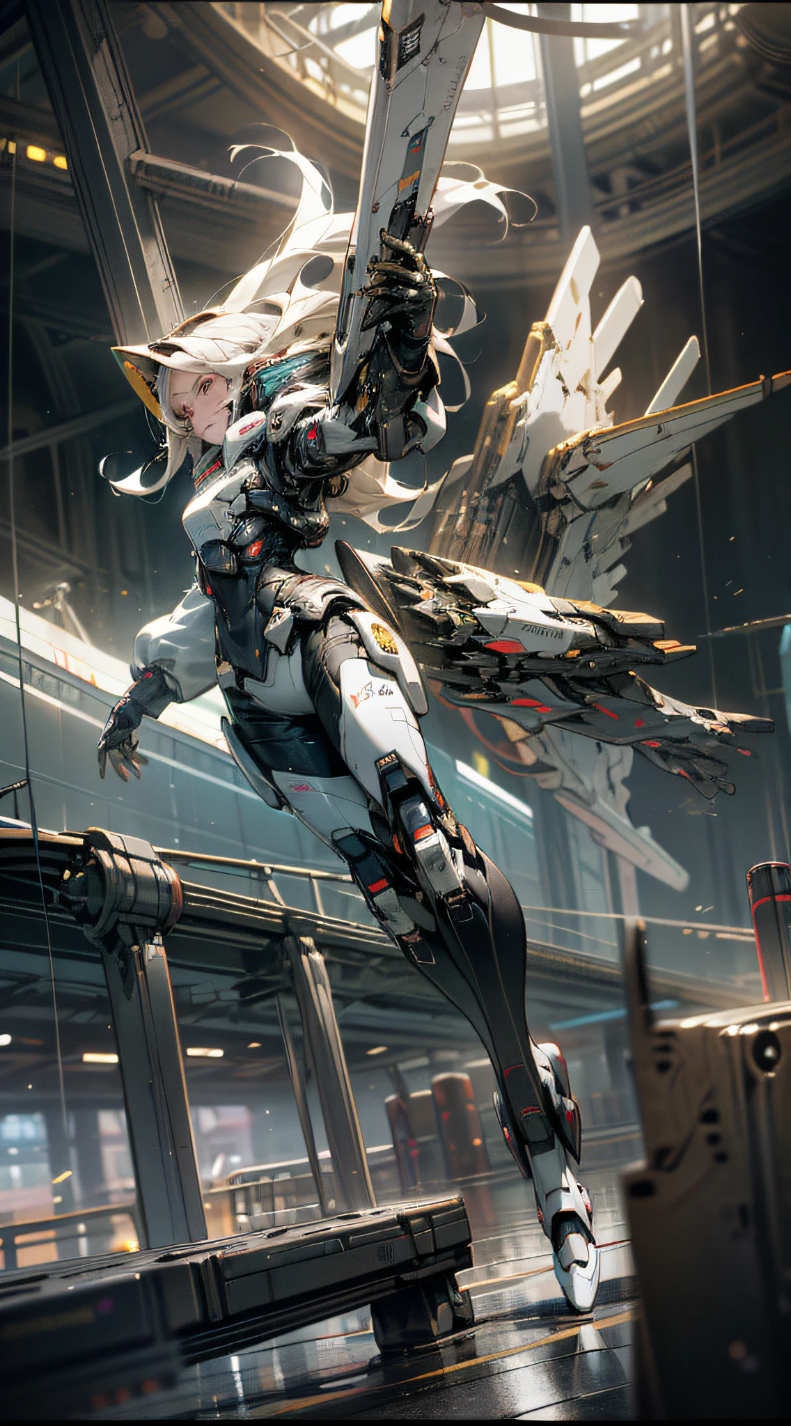 ((Best quality)), ((masterpiece)), (highly detailed:1.3), 3D, Pretty, (cyberpunk:1.2), In Space, Nebula, holding_weapon, (1Female mecha:1.3), facing the audience, golden eyes, long white-blond hair, long silky hair, full body, (flying, diving down, dynamic, Motion Blur: 1.4), (Giant Mech Wings: 1.6), Look Up, glowing_eyes, Mecha, Panorama, Earth, Nebula, Space, Particle, Reality, HDR (High Dynamic Range), Ray Tracing, NVIDIA RTX, Super Resolution, Unreal 5, Subsurface Scattering, PBR Textures, Post-Processing, Anisotropic Filtering, Depth of Field, Maximum Sharpness and Sharpness, Multi-layer Textures, Albedo and Specular Maps, Surface shading, Accurate simulation of light-material interactions, Perfect Proportions, Octane Render, Two-tone illumination, Large aperture, Low ISO, White balance, Rule of Thirds, 8K RAW, High Performance Sub-Pixel, Subpixel Convolution,