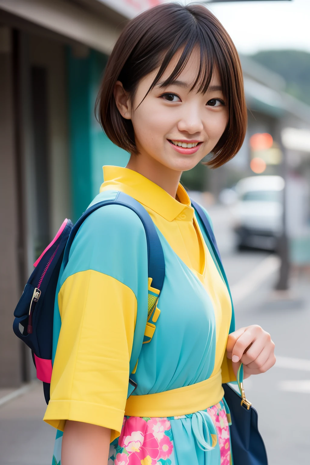 22 year old Japan woman, carrying school bag, short hair, wearing a funny patterned dress, futuristic arcade background, masterpiece, top quality, 4k, 8k, super high resolution, realistic, mischievously laughing, (photorealistic, RAW photo, sharp focus: 1.4), highly detailed, detailed skin, detailed face, detailed background, cute Japan woman, neon city, 8k uhd,RAW photo,a japanese girl,, masterwork,RAW photo,real person,RAW photograph,ultra high res,photorealistic,best quality,(high detailed skin,skin details),visible pores,shiny skin,masterpiece,incredibly_absurdres,finely detail,colorized, an extremely delicate and beautiful,extremely detailed 8K wallpaper,8k high quality,