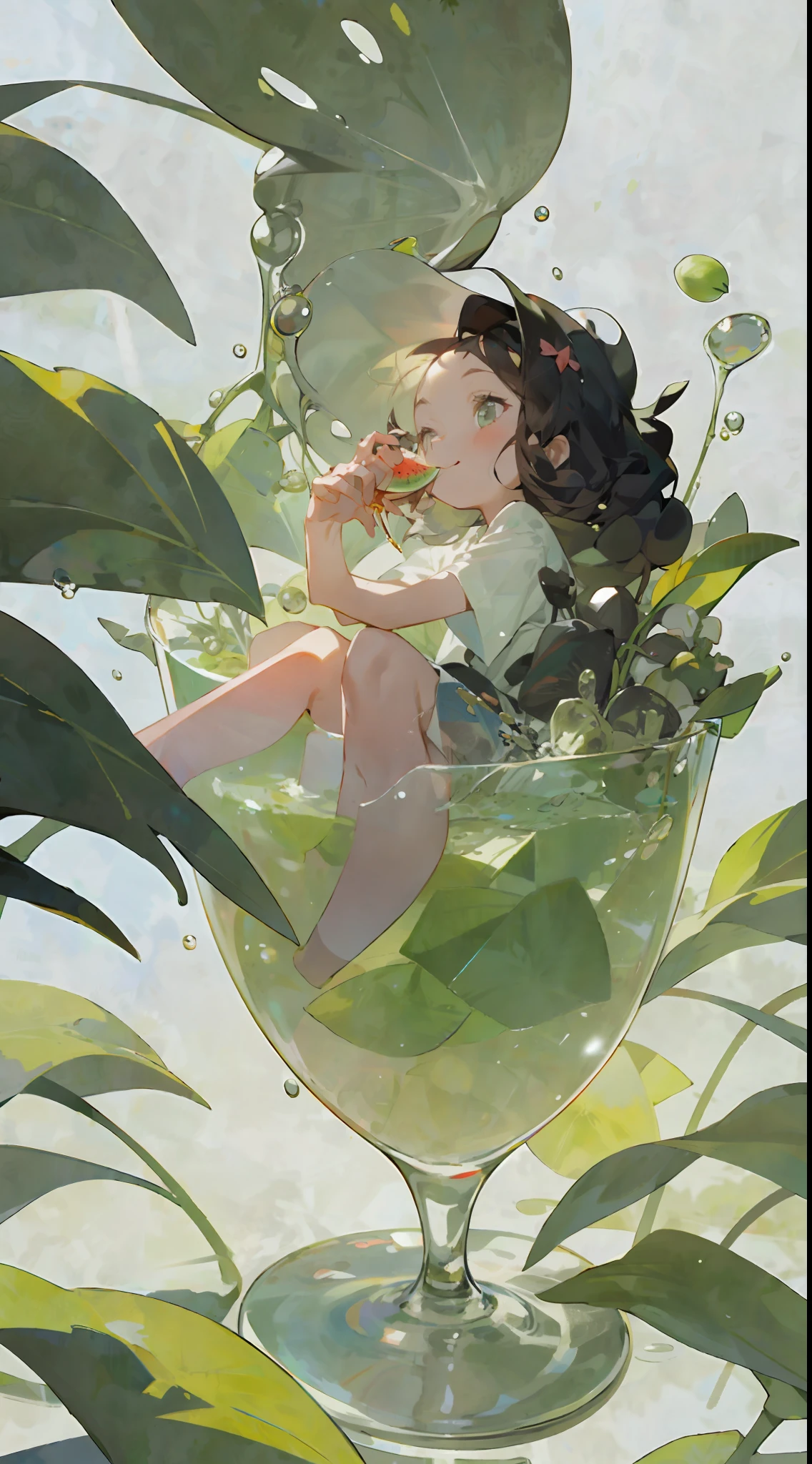 A little girl sits in a glass, happily tasting watermelon, cool liquid, sunlight, shade,
