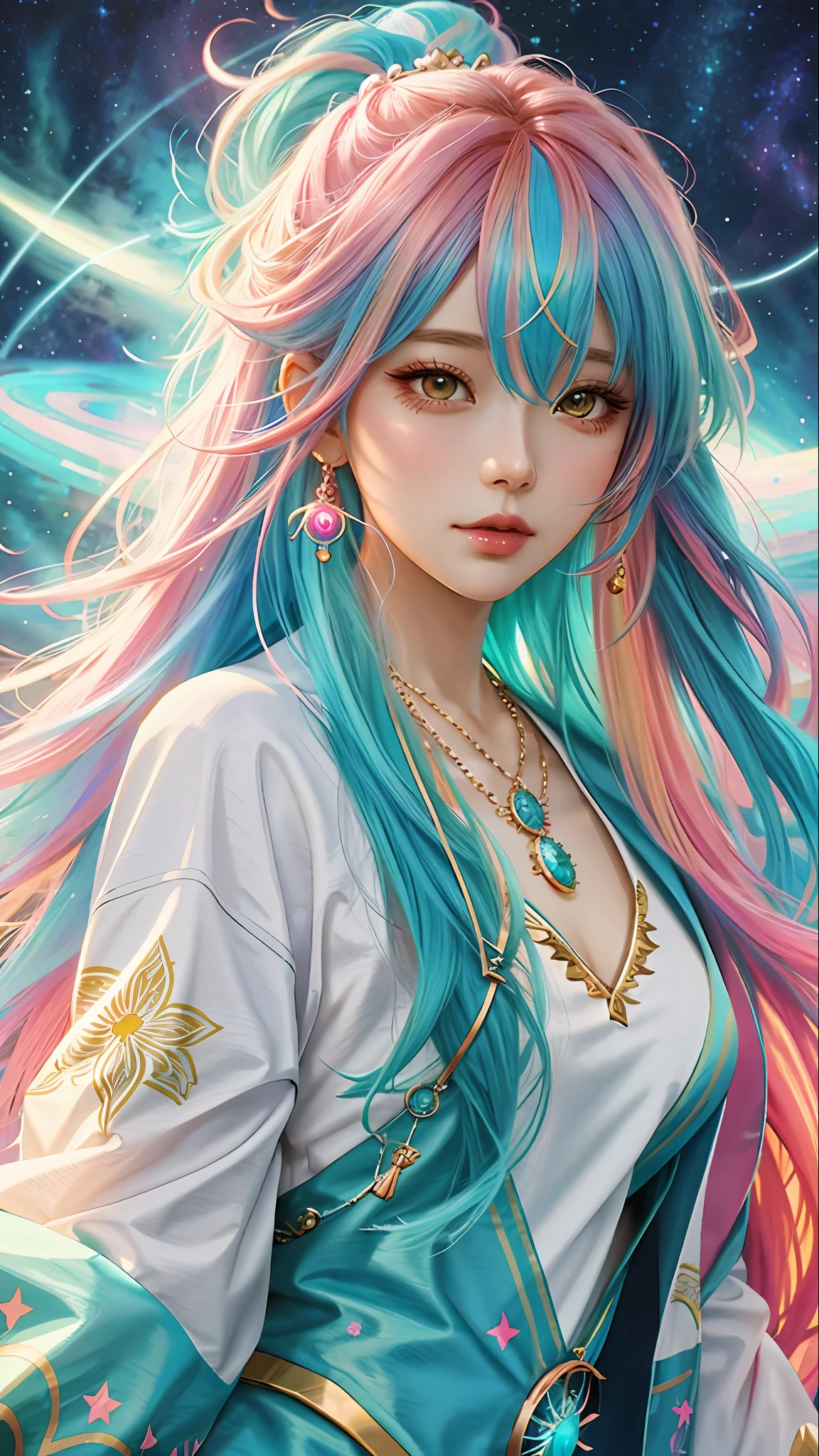 Close-up of a woman with colorful hair and necklace, anime girl with cosmic hair, Rossdraws' soft vibrancy, Gouviz-style artwork, fantasy art style, colorful]", vibrant fantasy style, Rossdraws cartoon full of energy, cosmic and colorful, Guweiz, colorful digital fantasy art, stunning art style, beautiful anime style, white skin, night coat,