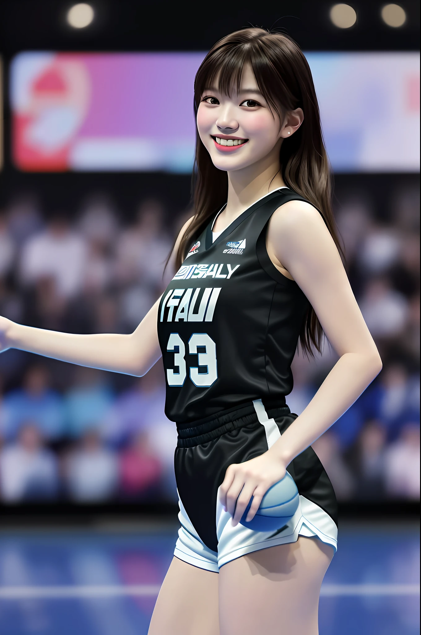 Best Quality, Masterpiece, Ultra High Resolution, (Film Grain: 1.4), Digital Photography, Bangs, Film Lighting, (Fujifilm Color: 1.2),
1 girl, solo, facing the audience, dancing, smiling, black basketball jersey, basketball baby, full body, looking at the audience, basketball hall background (realistic: 1.2)