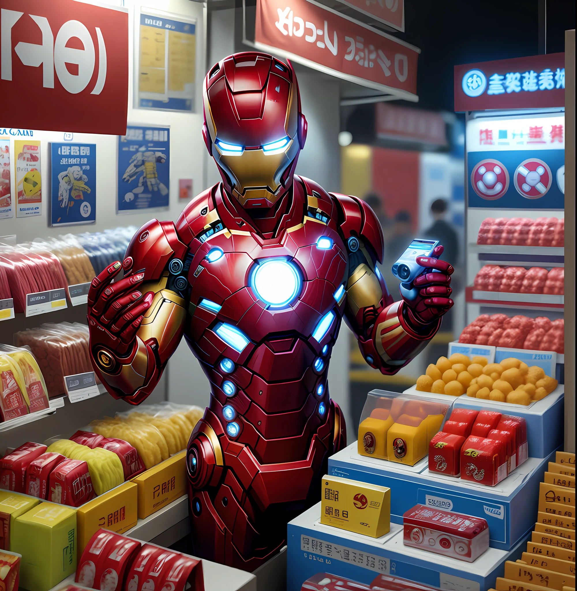 iron man,selling electronic materials(power bank,ear phone,adapter),in electronic shop,night market,8k