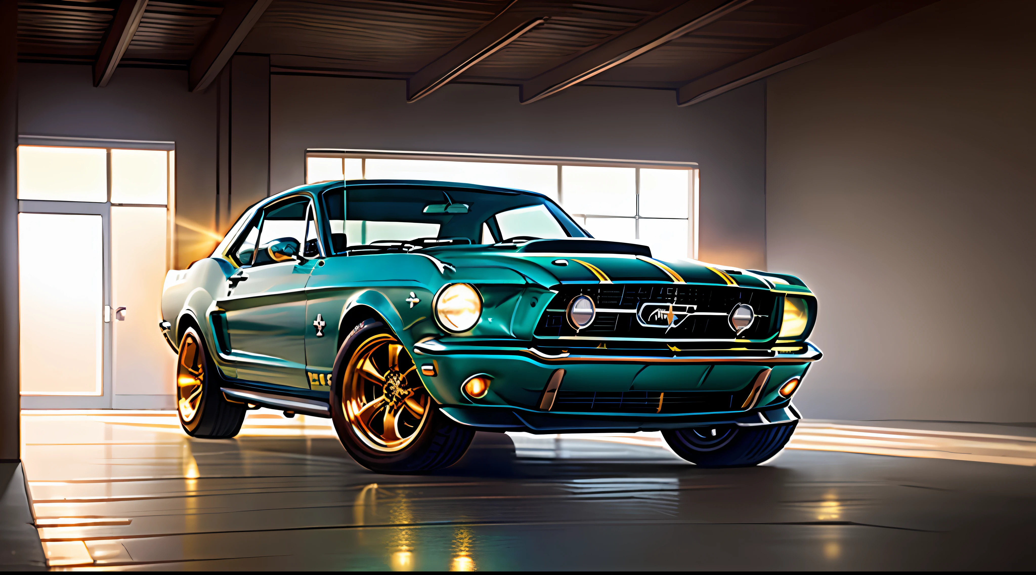 1967 ford mustang, (dark green with two white gomo stripes), (stands in a luxurious garage), (high-quality textures:1.9), (ultra-photorealistic:1.5), (sharp focus:1.5), (image clarity: 1.5), contrasting light, accurate rays, grainy skin, intricate detailing, professional color correction, digital art, (high detail:1.7), depth of field, HDR+ Realistic, Photorealistic, White color correction, Ultra-Realistic, Super Detailed, Intricate Details, Full Color, Volumetric Lighting, High Contrast, Golden Hour Award, Best Photo, fia Professional Photography, 4D Rendering, Octane Rendering, Featured on artstation, behance winner, erte 12k, super sharp focus, 64K, UHD, natural light, (direct light: 0.2), 8 mm film grain, photographed with Sony a9 II, 24 lens mm, F/1.8 aperture, deep focus (RAW 10bit), extremely detailed CG Unity 8k wallpaper, Ultra Quality, Unreal Engine 5, HQ, 2160p