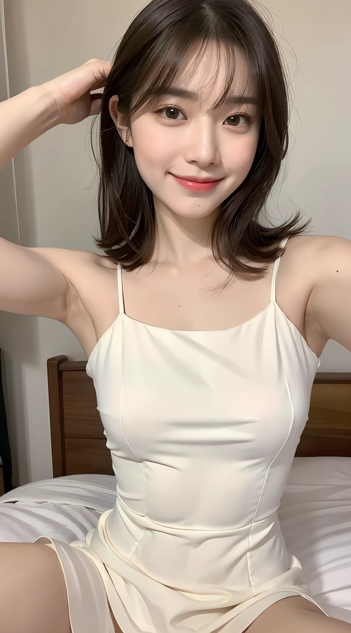 ((Best Quality, 16K, Masterpiece: 1.3)), Selfie, Focus: 1.2, Perfect Body Beauty: 1.4, Buttocks: 1.2, (Layered Haircut: 1.2)), (Lying on bed sheets and spreading legs: 1.3), Bando Dress: 1.1, Highly detailed face and skin texture, Delicate eyes, Double eyelids, Whitened skin, Medium hair, Bangs, (Round face: 1.5 ), smile