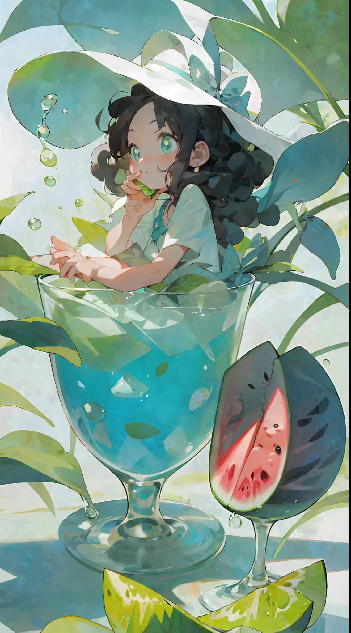 A  sits in a glass, happily tasting watermelon, cool liquid, sunlight, shade, summer, turquoise blue