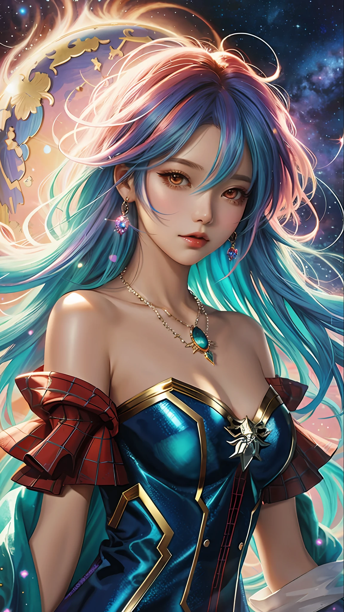 Close-up of a woman with colorful hair and necklace, anime girl with cosmic hair, soft vitality of Rossdraws, artwork in Guvez style, fantasy art style, colorful]", vibrant fantasy style, Rossdraws cartoon full of vitality, cosmic and colorful, Guweiz, colorful digital fantasy art, stunning art style, beautiful anime style, white skin, Spider-Man costume,