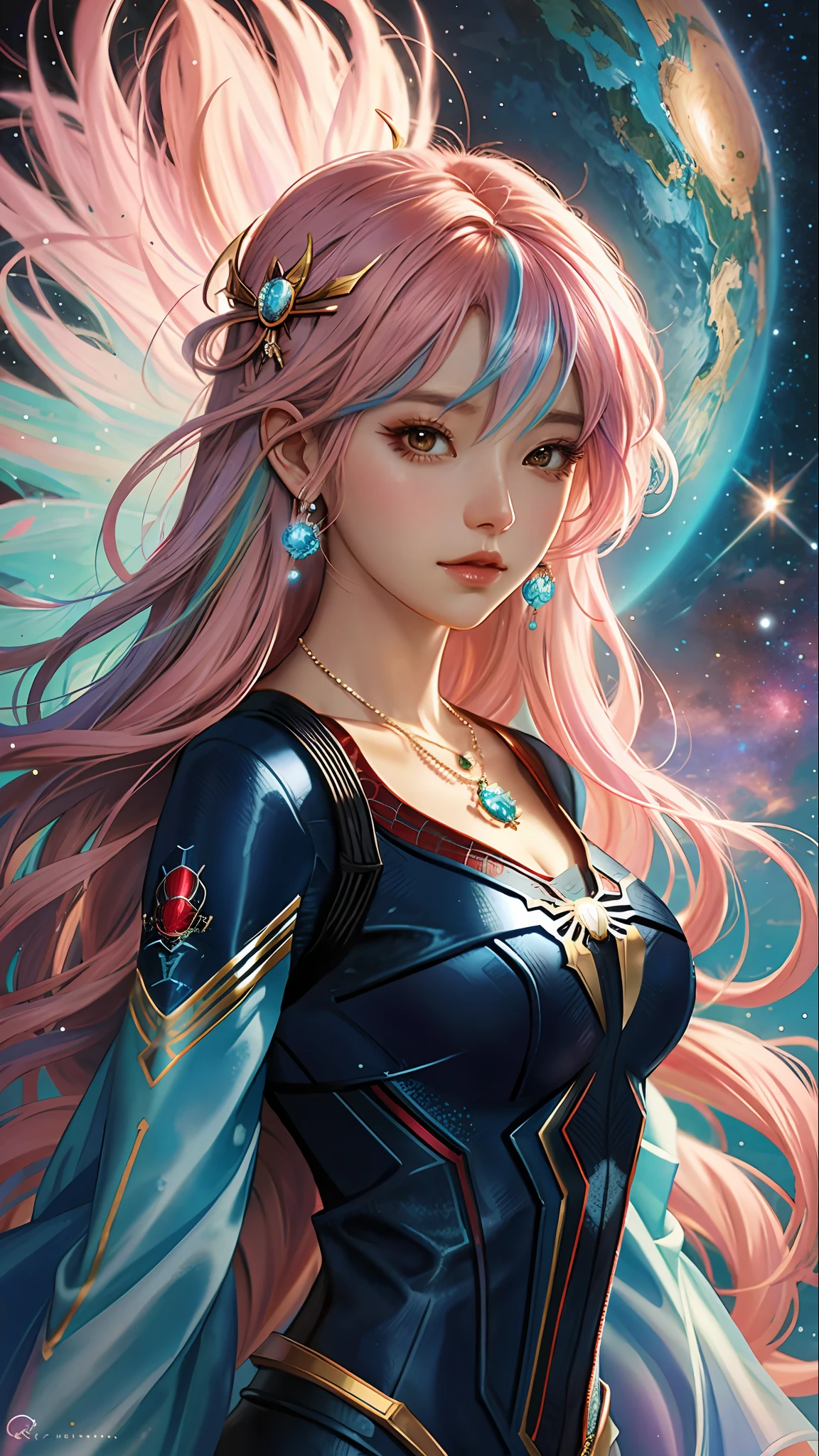 Close-up of a woman with colorful hair and necklace, anime girl with cosmic hair, soft vitality of Rossdraws, artwork in Guvez style, fantasy art style, colorful]", vibrant fantasy style, Rossdraws cartoon full of vitality, cosmic and colorful, Guweiz, colorful digital fantasy art, stunning art style, beautiful anime style, white skin, Spider-Man costume,
