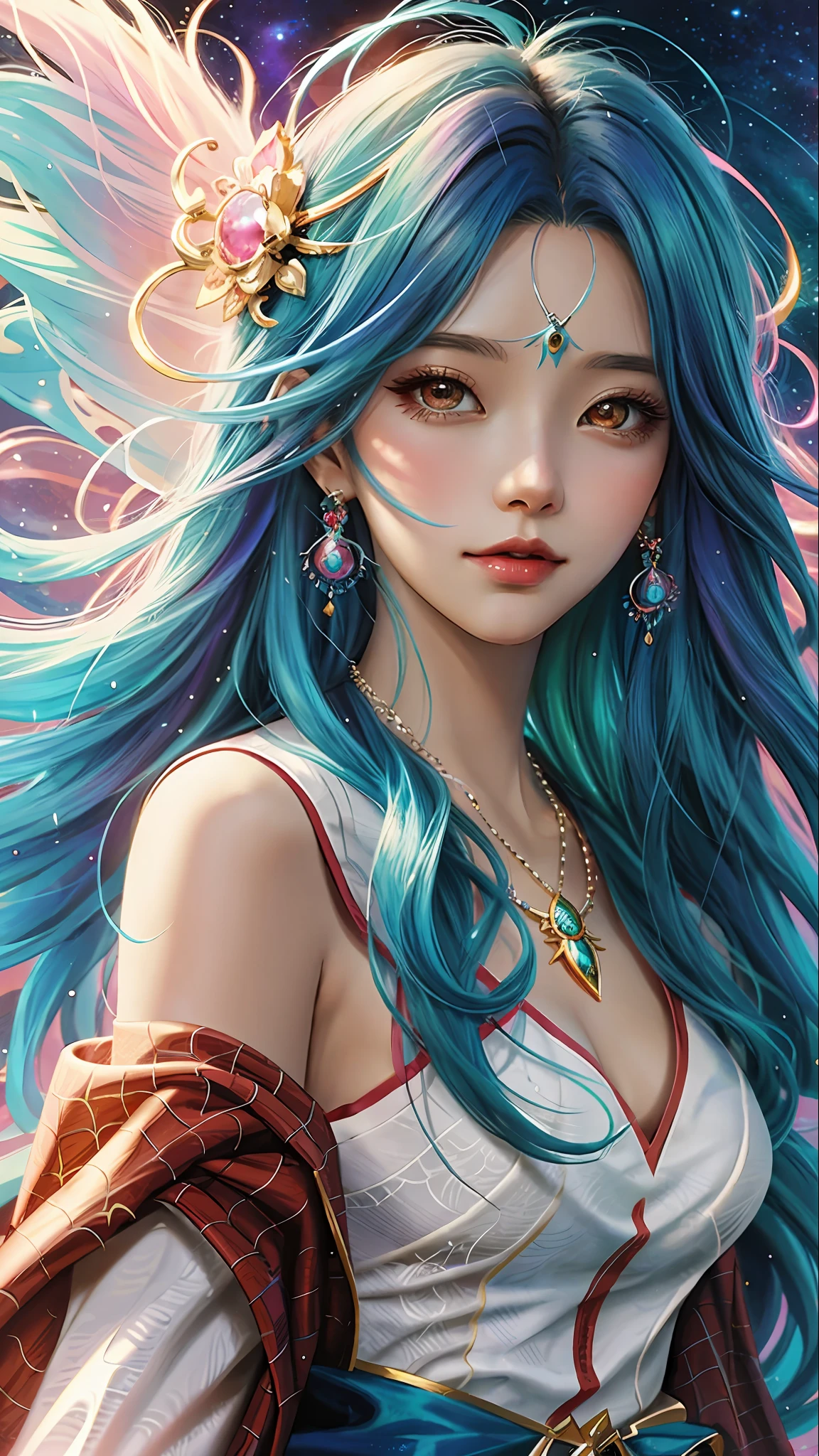 Close-up of a woman with colorful hair and necklace, anime girl with cosmic hair, soft vitality of Rossdraws, artwork in Guvez style, fantasy art style, colorful]", vibrant fantasy style, Rossdraws cartoon full of vitality, cosmic and colorful, Guweiz, colorful digital fantasy art, stunning art style, beautiful anime style, white skin, Spider-Man costume,