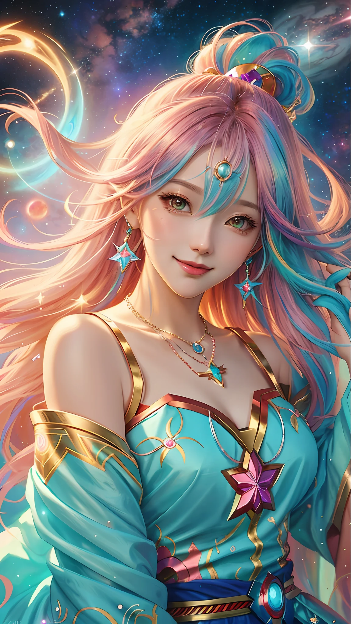 Close-up of a woman with colorful hair and necklace, anime girl with cosmic hair, Rossdraws soft vitality, Gouvitz style artwork, fantasy art style, colorful]", vibrant fantasy style, Rossdraws cartoon full of vitality, cosmic and colorful, Guweiz, colorful digital fantasy art, stunning art style, white skin, smile, iron man