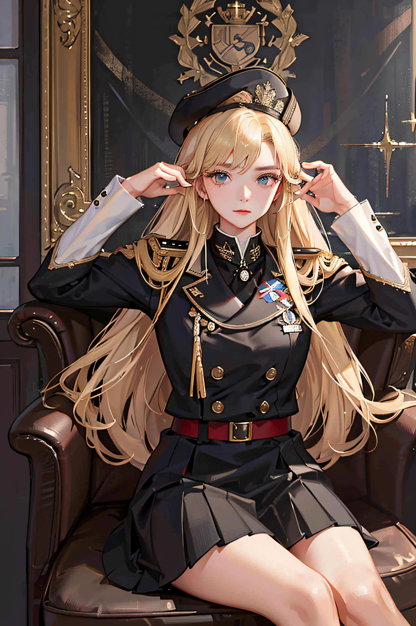(highest resolution, distinct_image) superlative, woman, masterpiece, high detail, semi-realistic, blonde long-haired, 25 years old, young, black uniform, military uniform, military school, serious, high cold, meeting, sadness