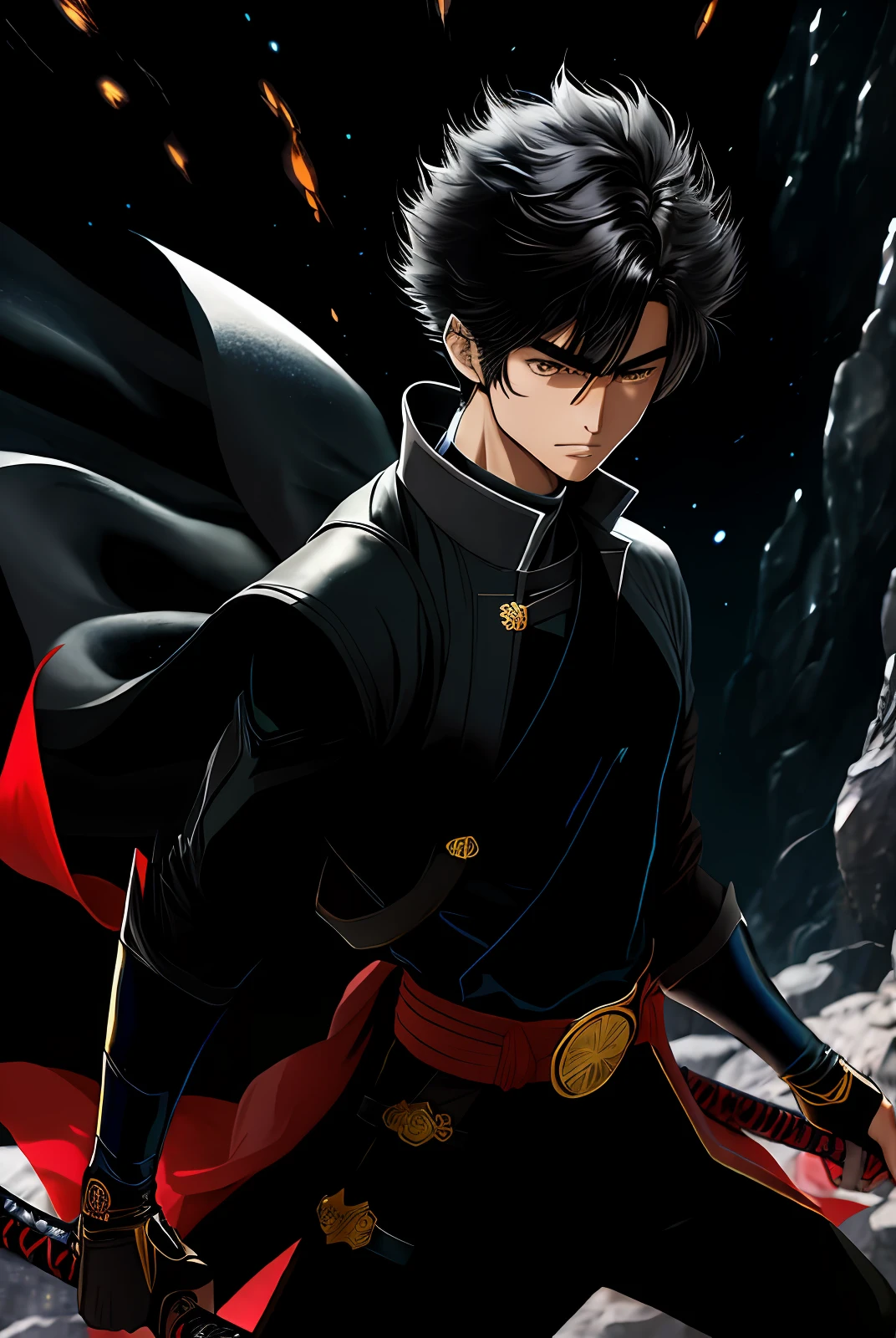 I want a character model like manga shonen of a young boy of about 13-14 years with black hair sparkling in the dark with bangs that falls under his right eye I do not want smooth hair, with quite apparent scars on the body, typical assassin clothes quite damaged and dusty, he will wear 2 medium-sized katana and shurikens on the belt