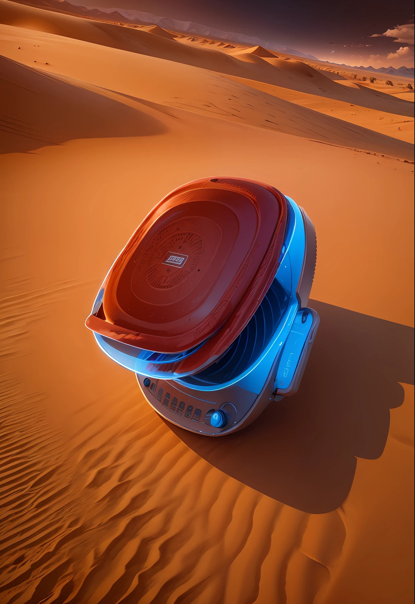An electric pie pan, Sahara, desert, storm, wind, 4x4, sand, dunes, reality, red, blue sky, landscape, palm trees, ultra detailed, 4k --auto --s2