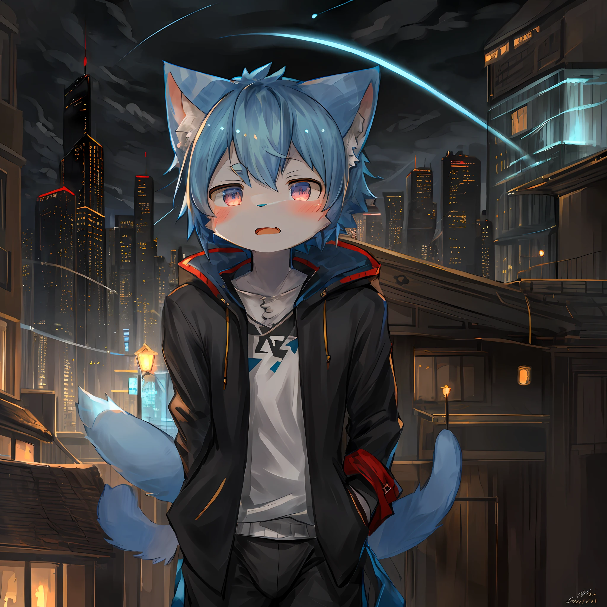 zackary911, by majmajor, by syuro, by dagasi, by wolfwithwing, by hanuvo, by tabhead, by zinfyu, by seraziel, (by dagasi: 1.1), break, masterpiece, high resolution, 8k, detailed background, high quality, break, ( (blue cat, kitten, blue fur, cat tail, Fluffy, delicate fur)) fur, BREAK, modern city, tall buildings, dark clouds, lightning, BREAK, , male, thunder, Fundoshi, anger, lightning in the eyes, discharge, jacket, (palm lightning, eye lightning: 1.2)