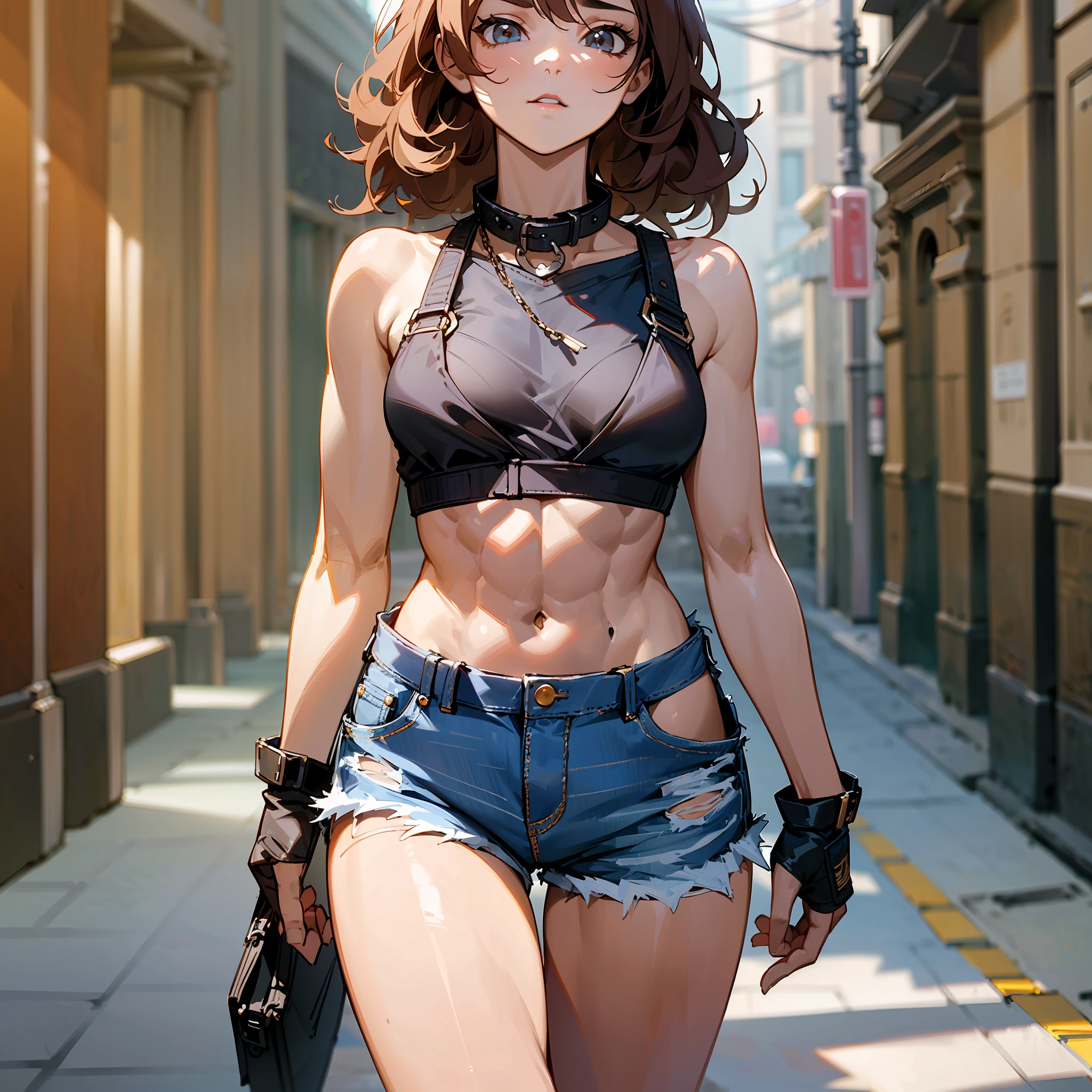 ((medium breast, tomboy girls, small head)), daylight, sunlight, (chiseled abs : 1.1), (perfect body : 1.1), (short wavy hair : 1.2) , auburn hair, collar, chain, full body shot, crowded street, wearing black tanktop, jeans jacket, ((shorts)), (extremely detailed CG 8k wallpaper), (an extremely delicate and beautiful), (masterpiece), (best quality:1.0), (ultra highres:1.0),  beautiful lighting ,perfect lightning, realistic shadows, [highres], detailed skin, ultra-detailed --auto --s2
