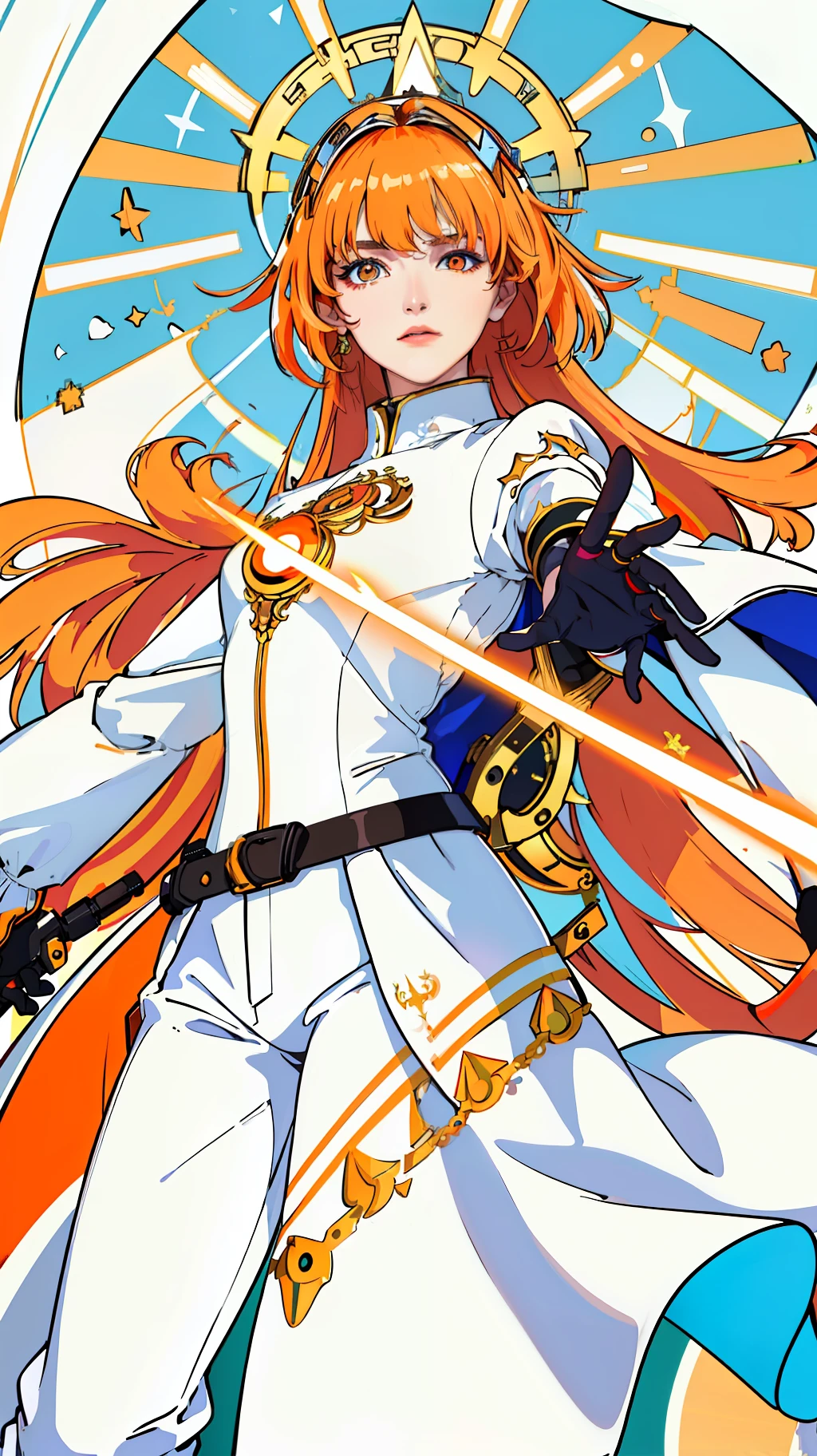 tarot,(((masterpiece))),(((bestquality))),((ultra-detailed)),(illustration),((anextremelydelicateandbeautiful)),dynamicangle,floating,(beautifuldetailedeyes),(detailedlight), (masterpiece, best quality:1.4), colorful, high contrast, genos white shirt, black pants, mechanical arms, glowing, fighting stance, solo, orange glowing eyes, halo behind head,