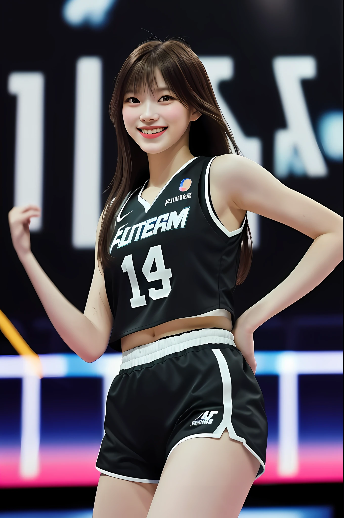 Best Quality, Masterpiece, Ultra High Resolution, (Film Grain: 1.4), Digital Photography, Bangs, Film Lighting, (Fujifilm Color: 1.2),
1 girl, solo, facing the audience, dancing, smiling, black basketball jersey, basketball baby, full body, looking at the audience, basketball hall background (realistic: 1.2)