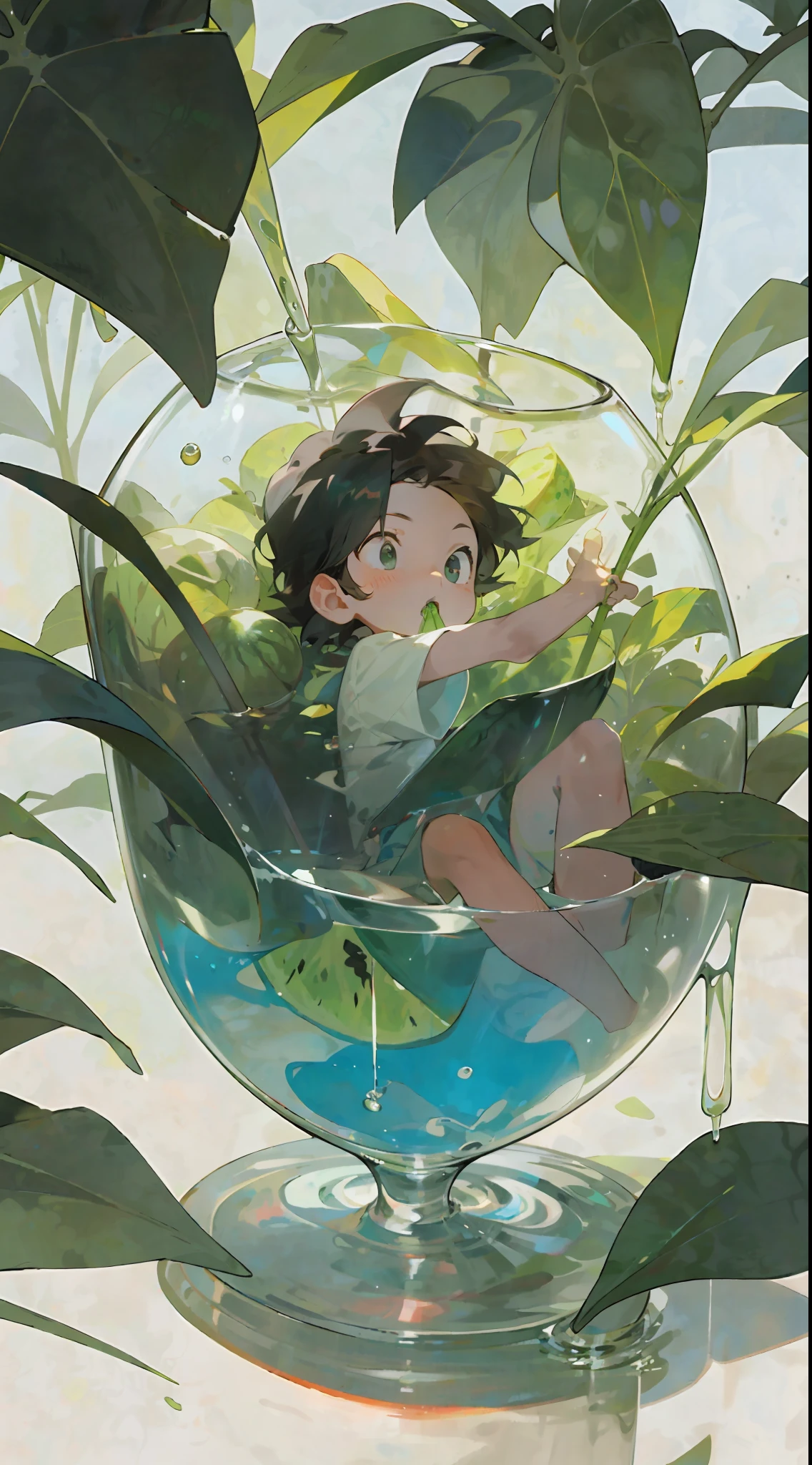A sits in a glass, gulping watermelon, cool liquid, sunlight, shade,