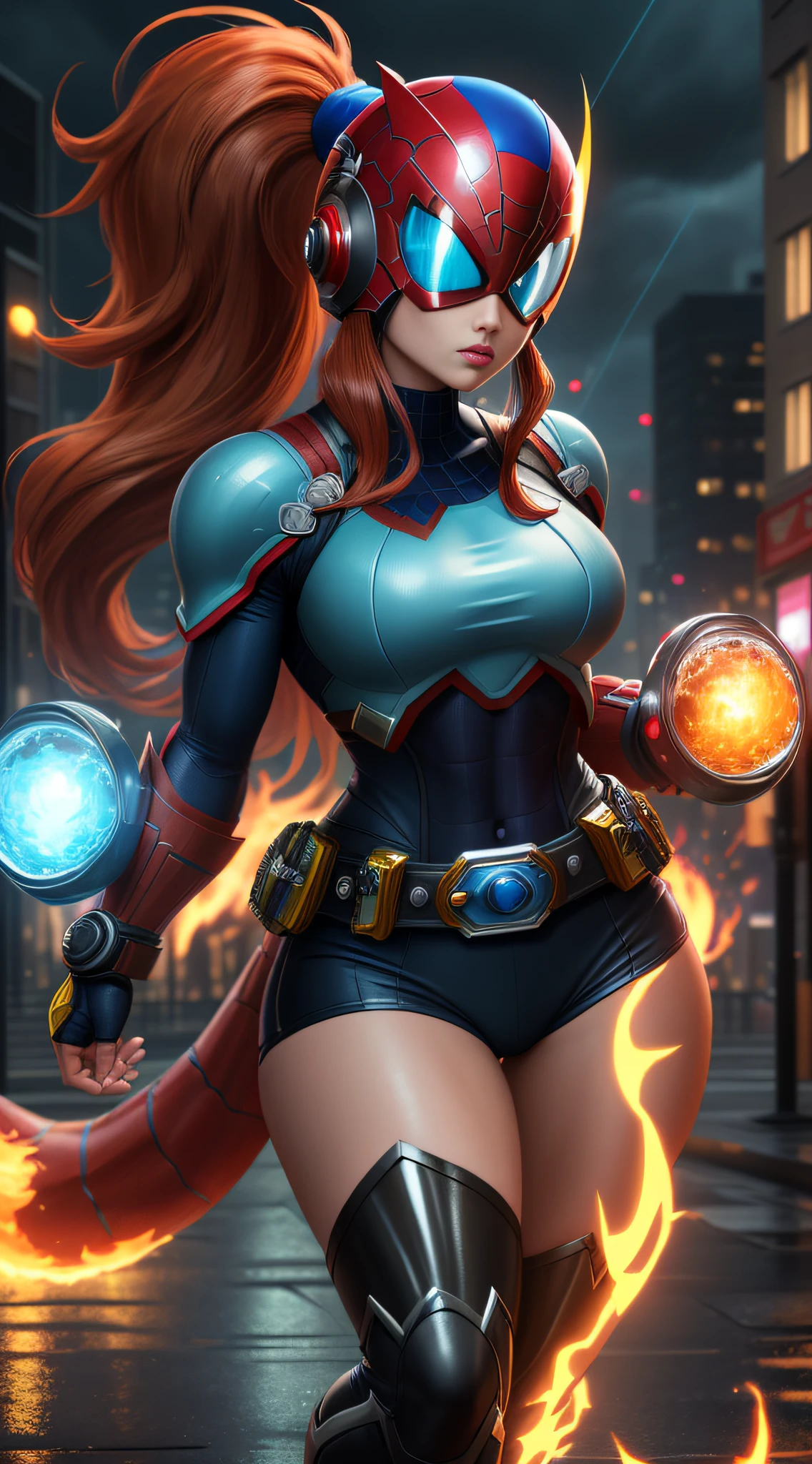 Full resolution / quality / clarity / body within image size, Unreal Engine 5 / Power Ranger / Tokutsu / Mortal Kombat / Super Metroid, cartoon / Disney / Dragon Ball / King of Fighters / Street Fighter / Style, ((1 / woman / 1 / helmet / belt / Mega Man-X / Kamen Rider / Spider-Man / Fire Dance)), Mohawk long hair, looking at the audience, pose, city with strong showers at night.
