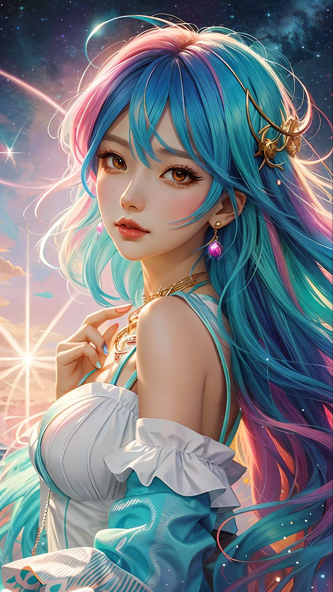 Close-up of a woman with colorful hair and necklace, anime girl with cosmic hair, Rossdraws' soft vitality, Guvez style artwork, fantasy art style, colorful]", vibrant fantasy style, Rossdraws cartoon full of energy, cosmic and colorful, Guweiz, colorful digital fantasy art, stunning art style, beautiful anime style, white skin, Spider-man costume,
